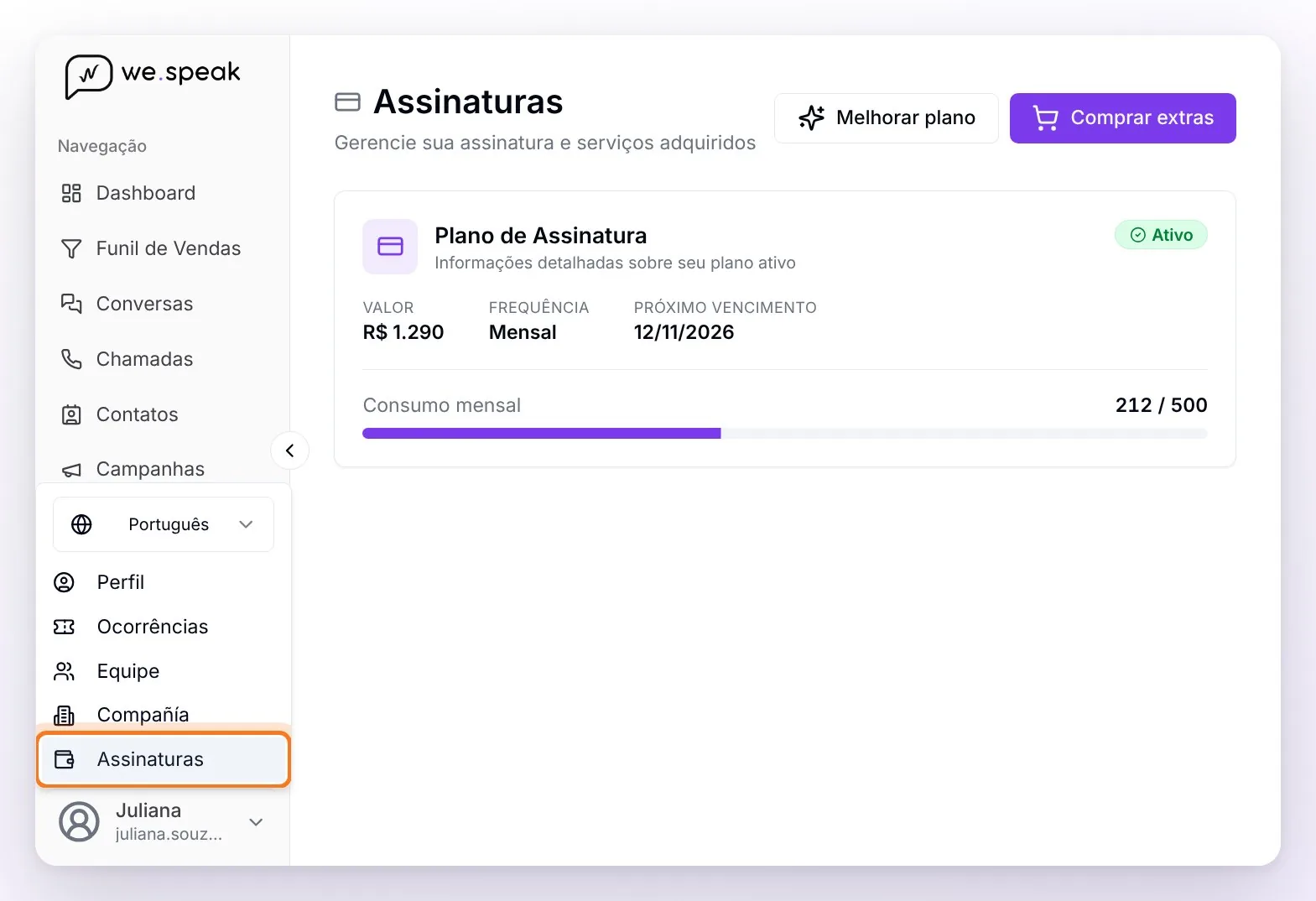 A página Assinaturas com o Plano de Assinatura ativo e, no canto inferior esquerdo, o menu do usuário aberto com a opção Assinaturas destacada