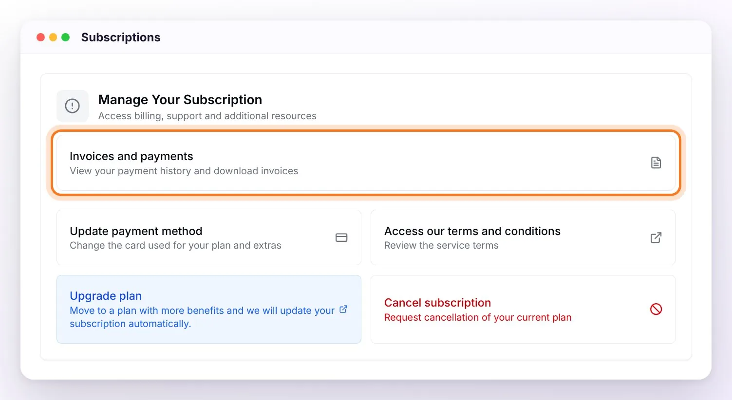 The Manage Your Subscription card with the Invoices and payments option highlighted, above Update payment method, the terms and conditions, Upgrade plan and Cancel subscription