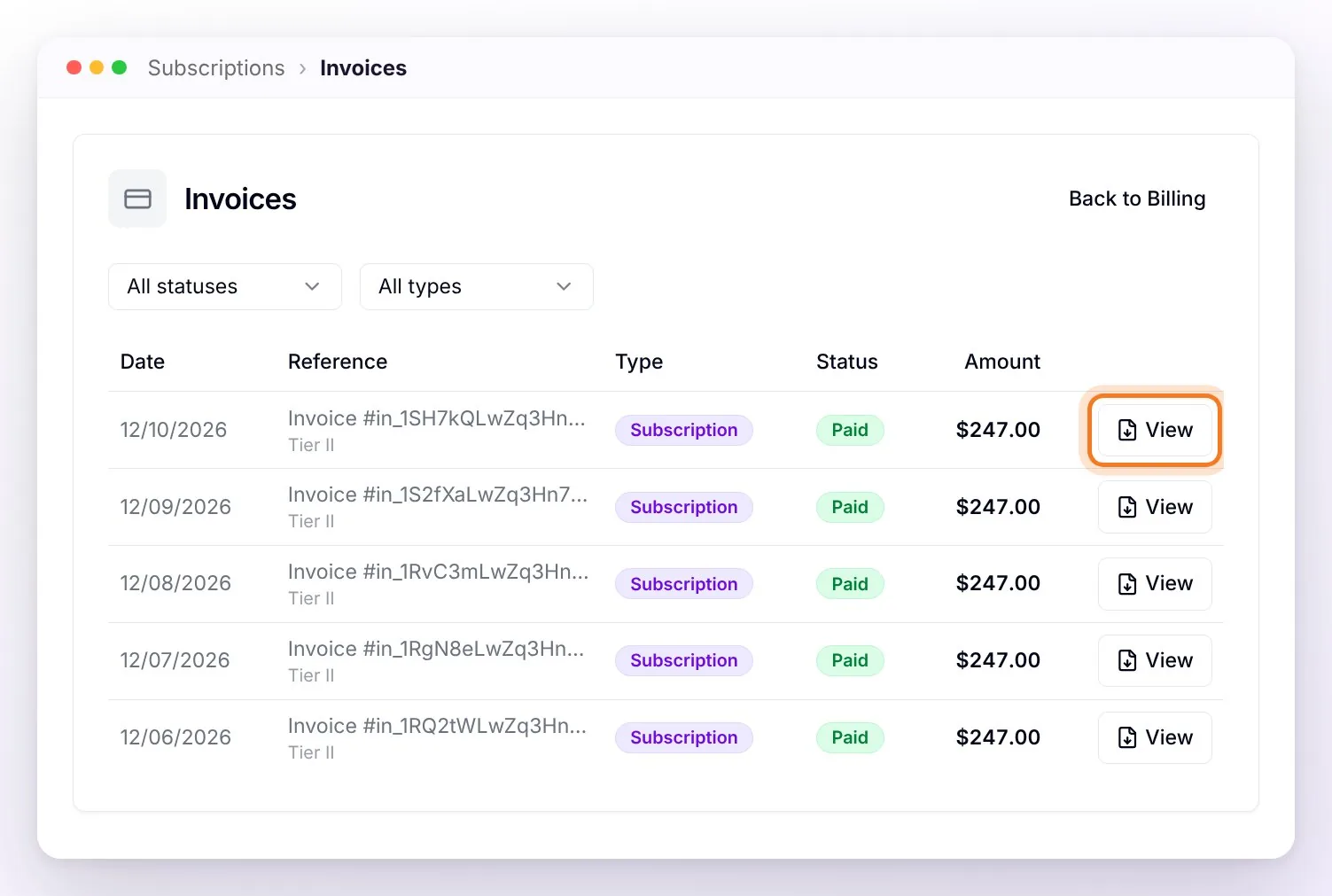 The Invoices page with the status and type filters and the list of the plan's monthly charges, all Paid, with the View button of the latest charge highlighted
