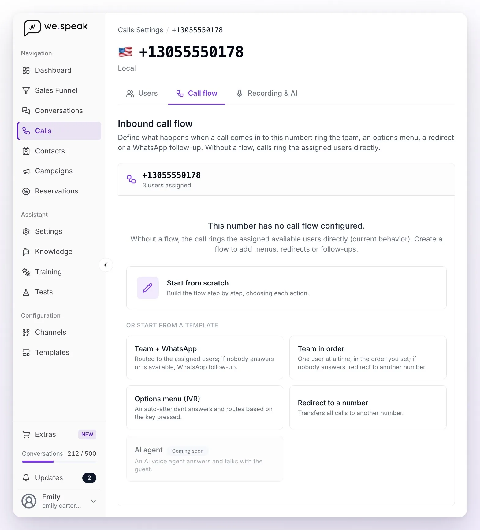 The Call flow tab of a number with no flow: the Start from scratch button and the templates Team + WhatsApp, Team in order, Options menu (IVR), Redirect to a number and AI agent, the last one marked Coming soon