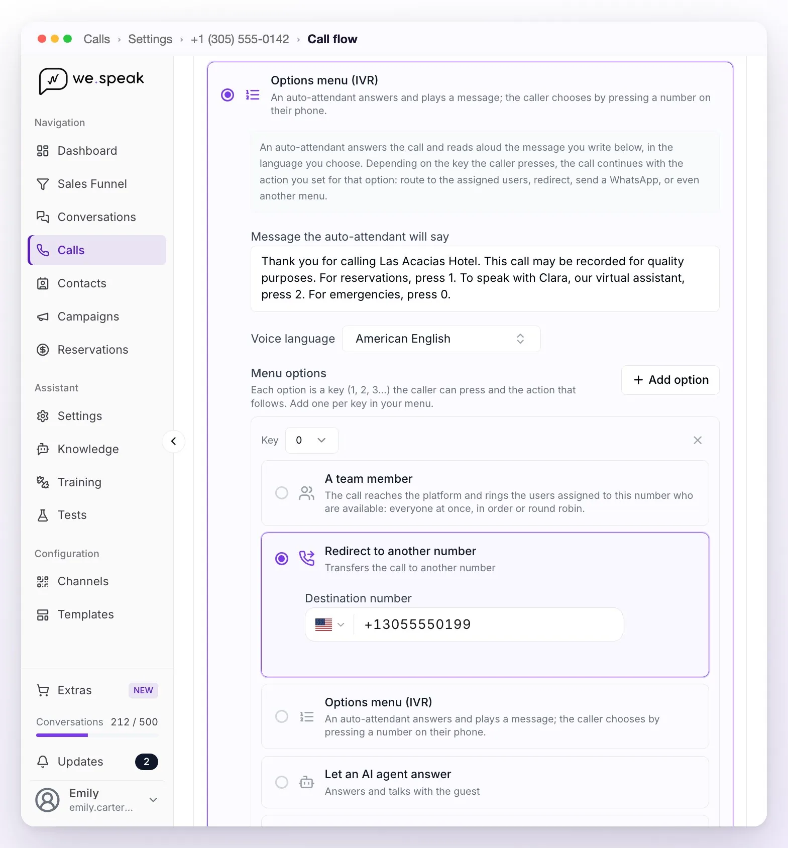 An Options menu (IVR) in the editor: the message the auto-attendant will say, with the recording notice and the menu keys, the voice language set to Mexican Spanish and key 0 set to redirect to another number