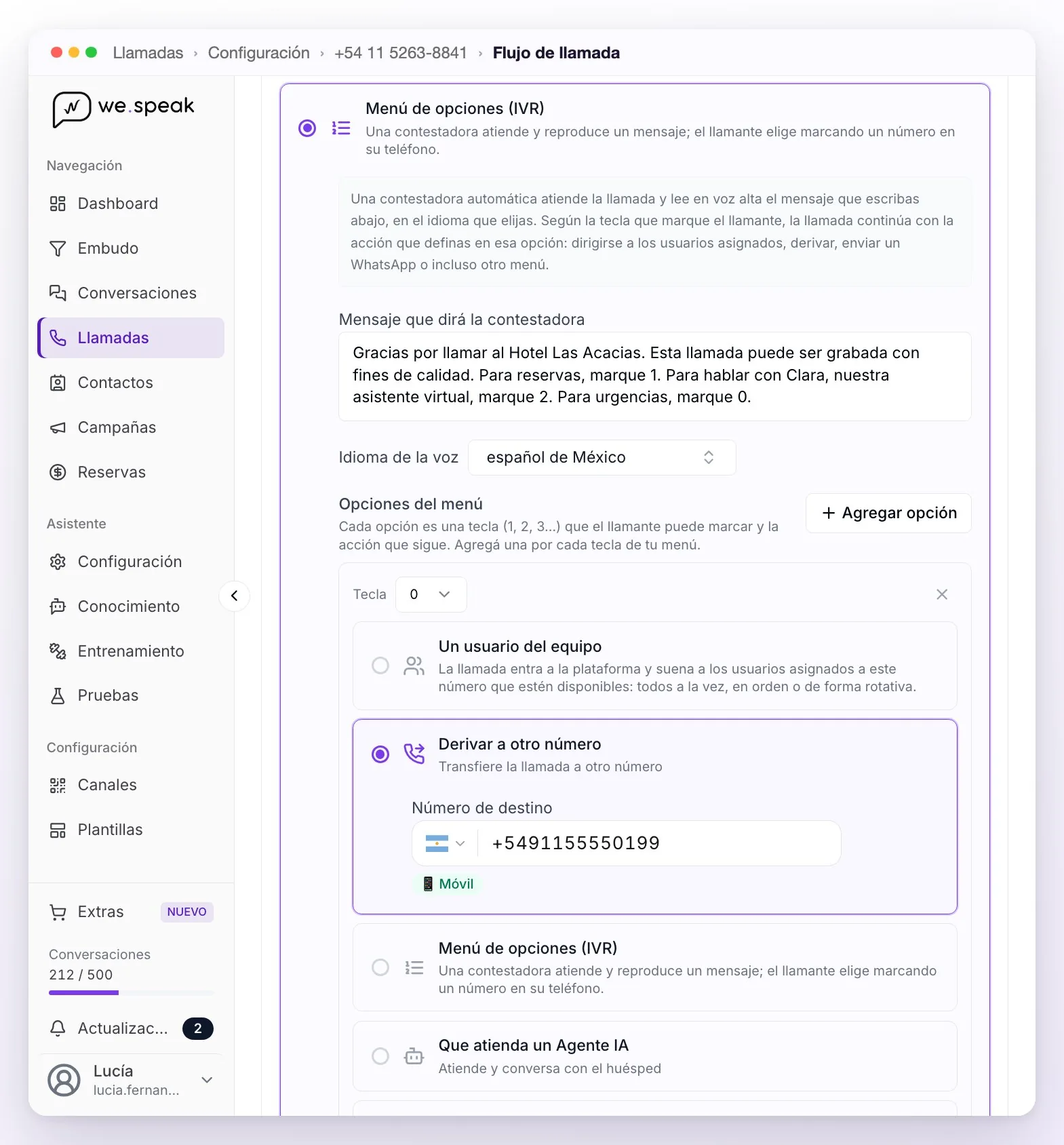 Un Menú de opciones (IVR) en el editor: el mensaje que dirá la contestadora, con el aviso de grabación y las teclas del menú, el idioma de la voz español de México y la tecla 0 configurada para derivar a otro número