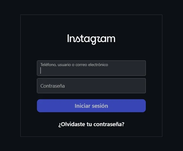 El inicio de sesión de Instagram: teléfono, usuario o correo, contraseña y el botón Iniciar sesión