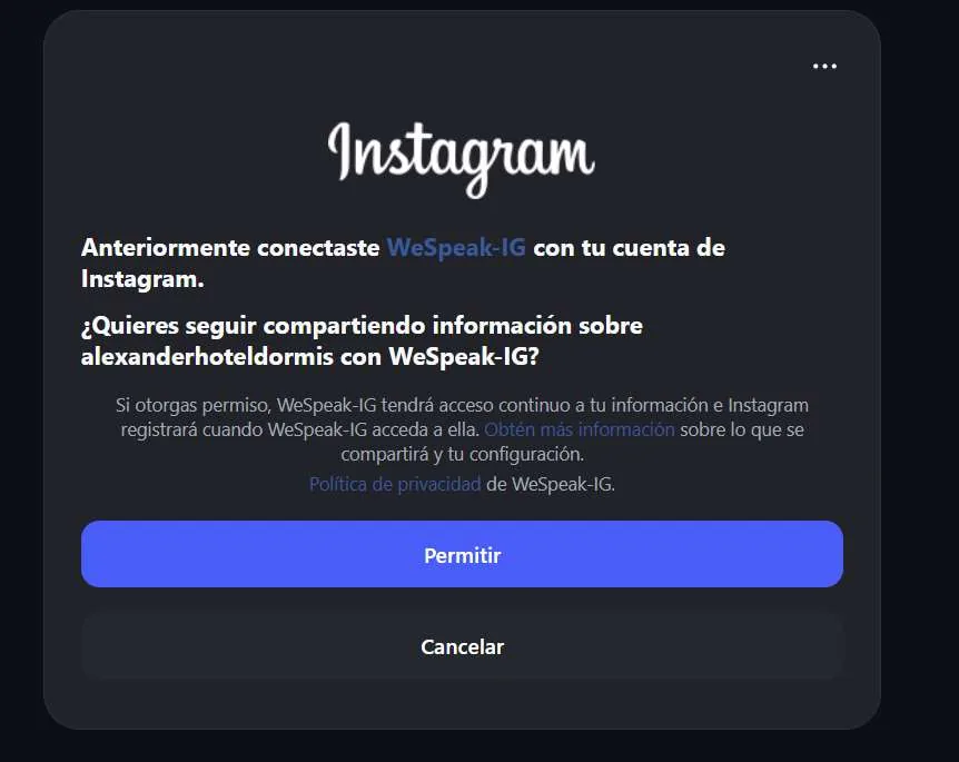 El cuadro de autorización de Instagram: la pregunta de si quieres compartir la información de la cuenta con WeSpeak-IG, con los botones Permitir y Cancelar