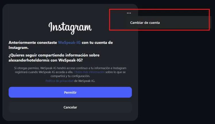 El menú de los tres puntos del cuadro de autorización, con la opción Cambiar de cuenta resaltada