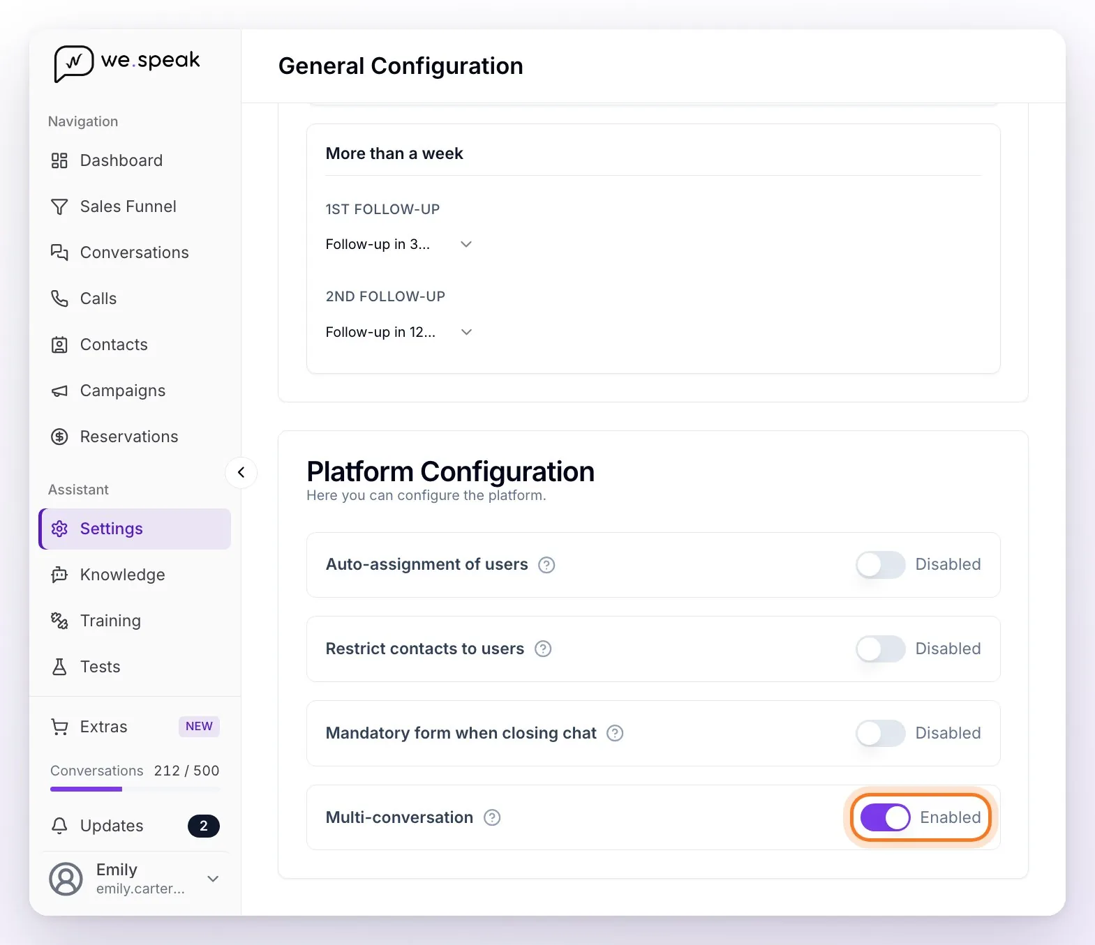 The Settings page, at the bottom: the Platform Configuration card with its four toggles and Multi-conversation enabled