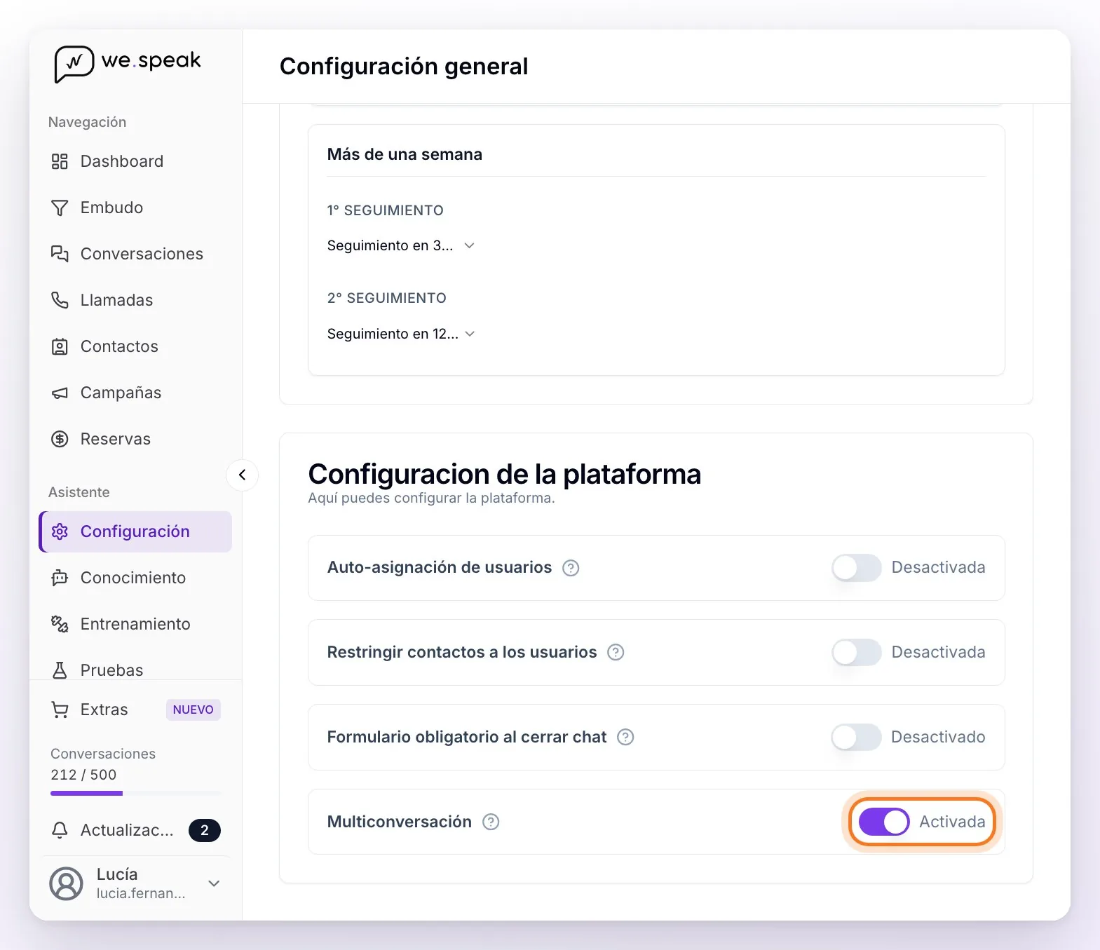 La página Configuración, al final: la tarjeta Configuración de la plataforma con sus cuatro interruptores y Multiconversación activada