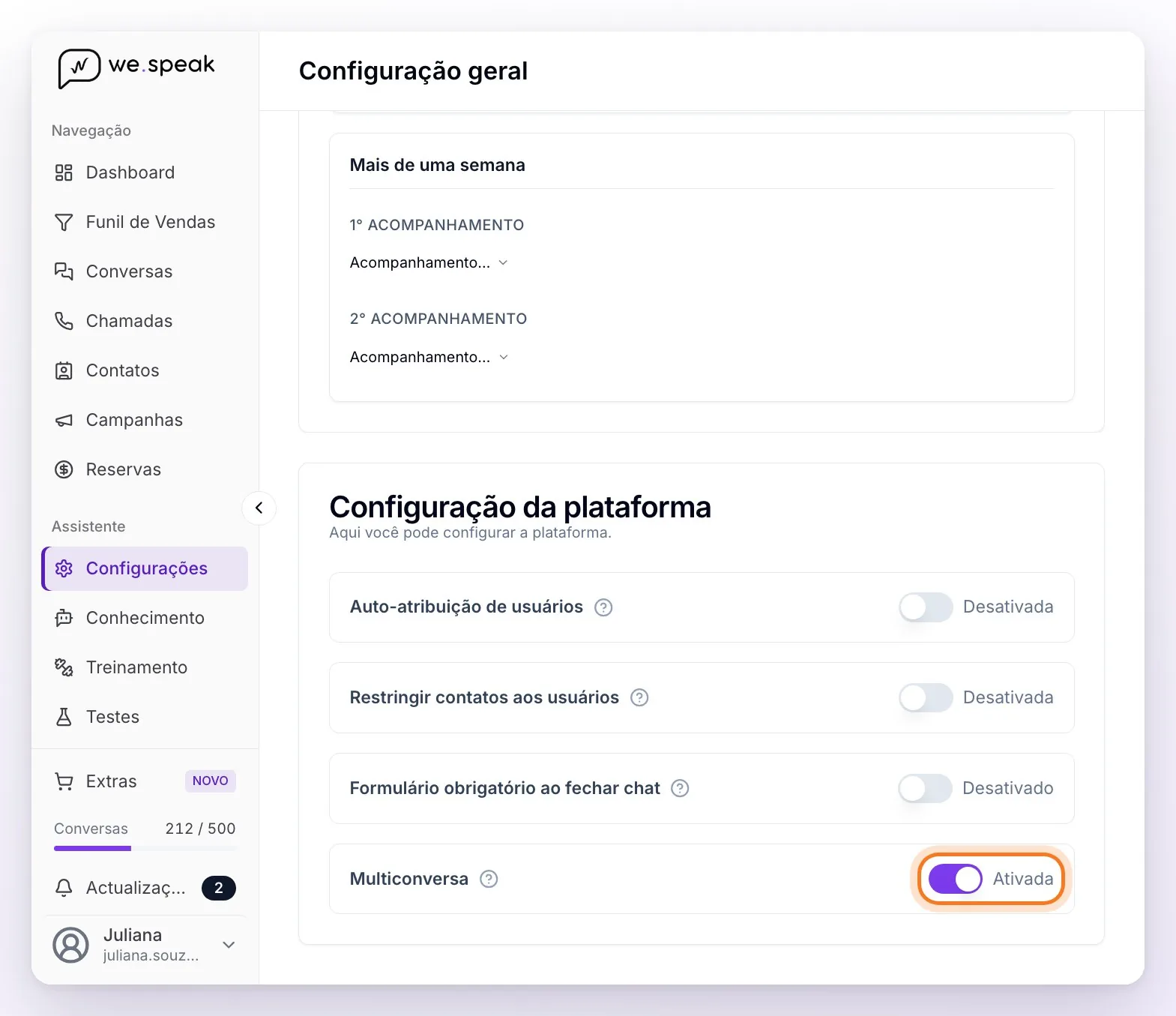 A página Configurações, no fim: o cartão Configuração da plataforma com seus quatro botões e Multiconversa ativada