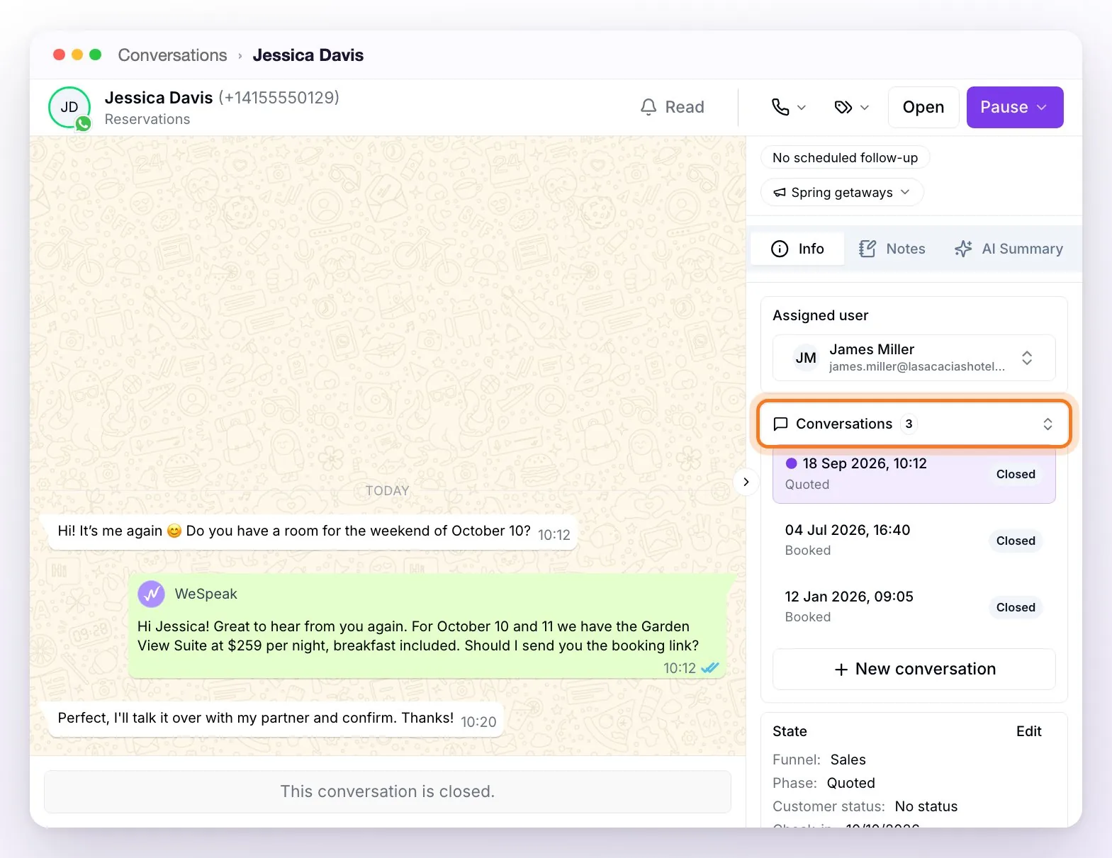 A closed conversation with the right-hand panel on the Info tab: the Conversations section expanded with the contact's three conversations, all closed and the current one highlighted, each with its date and funnel stage, and the New conversation button below