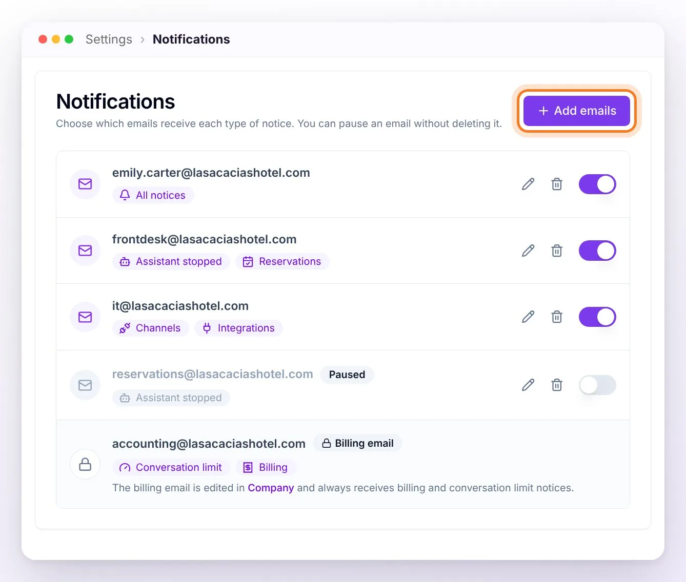 The Notifications card with four emails: one with All notices, the front desk with Assistant stopped and Reservations, IT with Channels and Integrations, and one Paused in gray with its switch off; at the end, with a padlock, the Billing email with Conversation limit and Billing. The Add emails button highlighted
