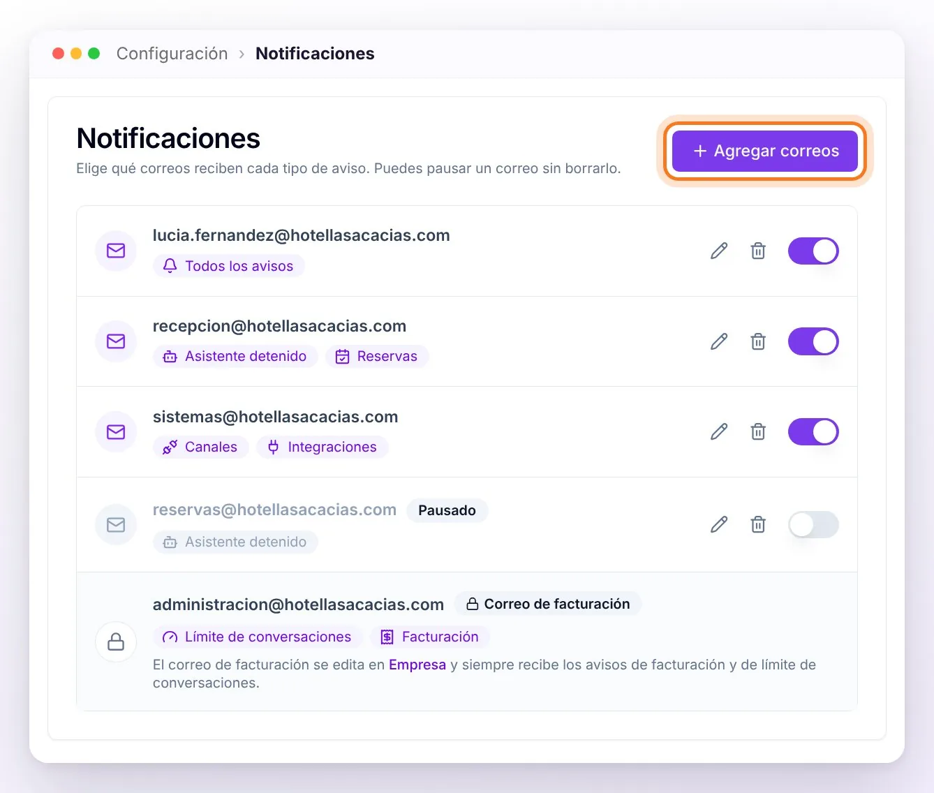 La tarjeta Notificaciones con cuatro correos: uno con Todos los avisos, recepción con Asistente detenido y Reservas, sistemas con Canales e Integraciones y uno Pausado en gris con su interruptor apagado; al final, con un candado, el Correo de facturación con Límite de conversaciones y Facturación. El botón Agregar correos señalado