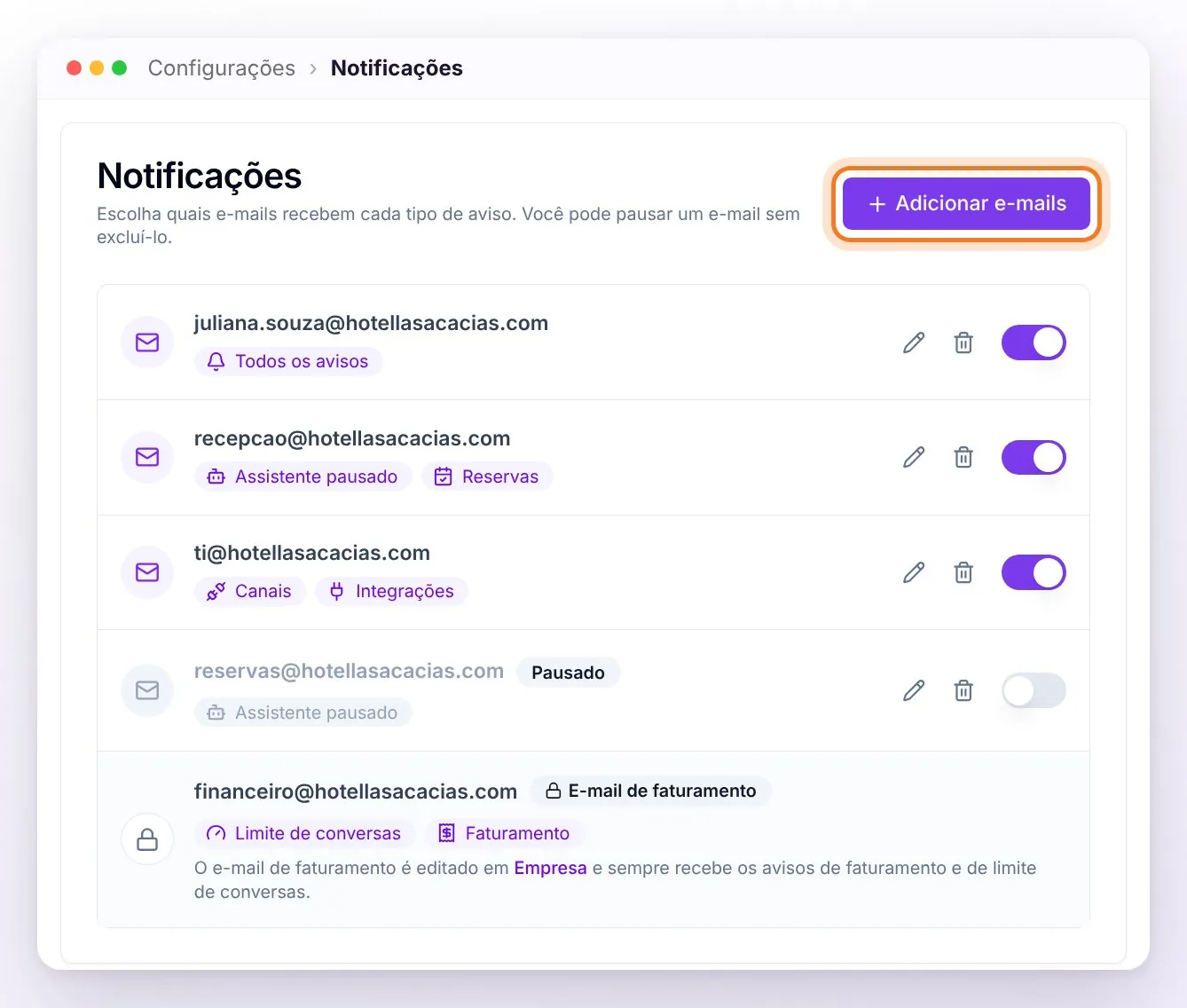 O cartão Notificações com quatro e-mails: um com Todos os avisos, a recepção com Assistente pausado e Reservas, a TI com Canais e Integrações e um Pausado em cinza com o interruptor desligado; no fim, com um cadeado, o E-mail de faturamento com Limite de conversas e Faturamento. O botão Adicionar e-mails destacado