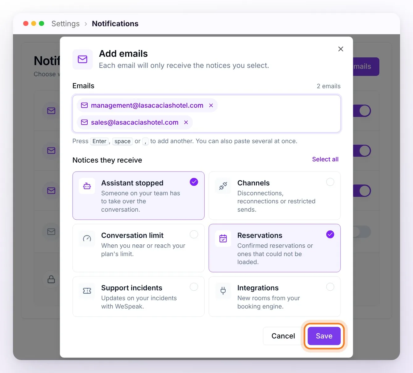The Add emails window with two emails typed as tags and, under Notices they receive, the card for each notice with Assistant stopped and Reservations checked; the Save button highlighted
