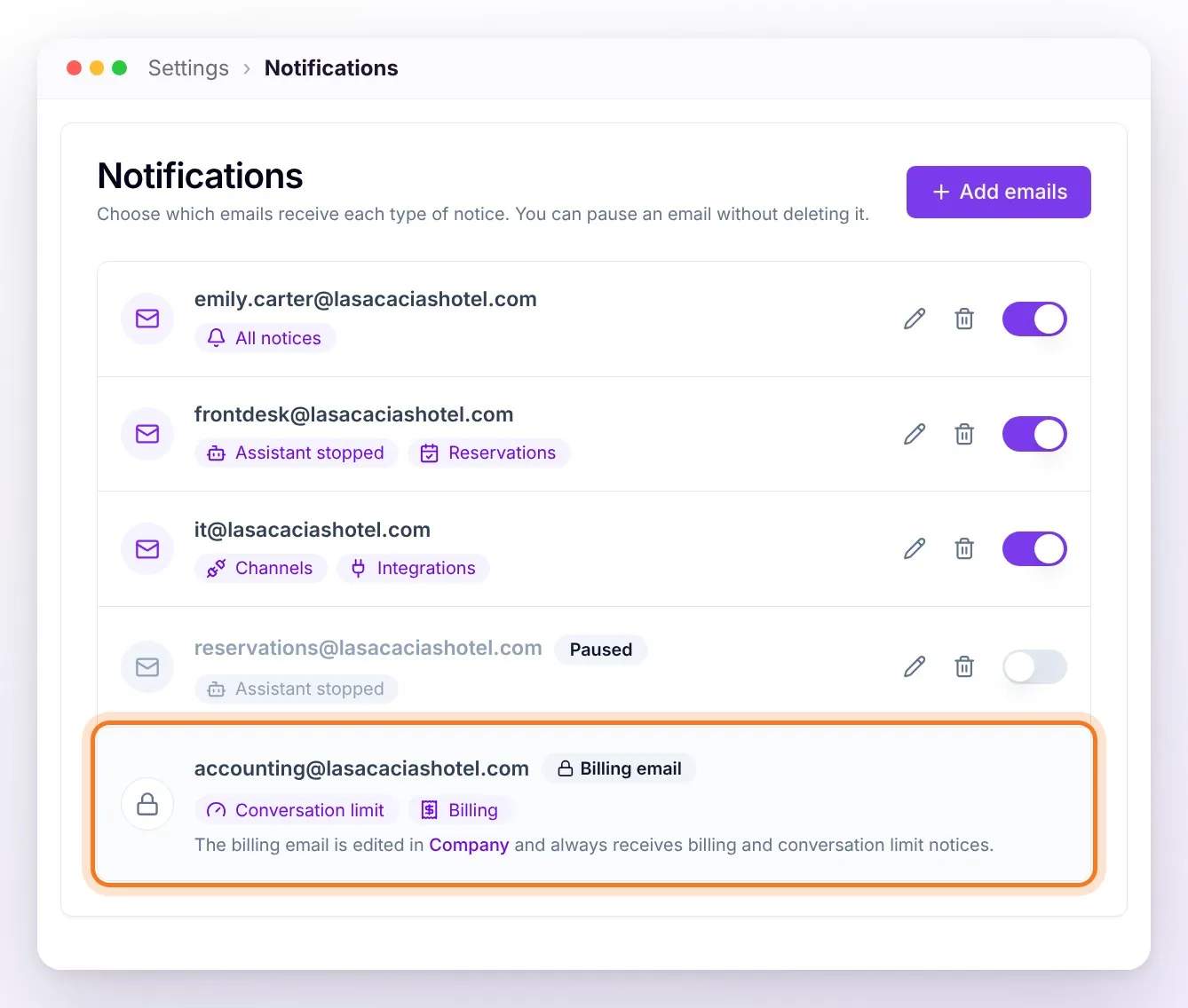 The Notifications card with the team's emails and, at the end, the padlocked billing email row highlighted, with the Conversation limit and Billing labels