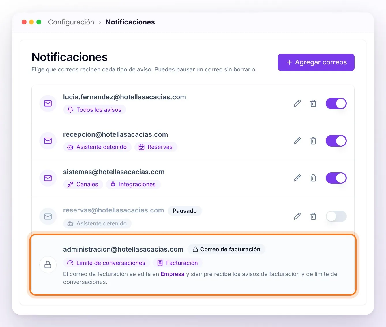 La tarjeta Notificaciones con los correos del equipo y, al final, la fila con candado del correo de facturación señalada, con las etiquetas Límite de conversaciones y Facturación