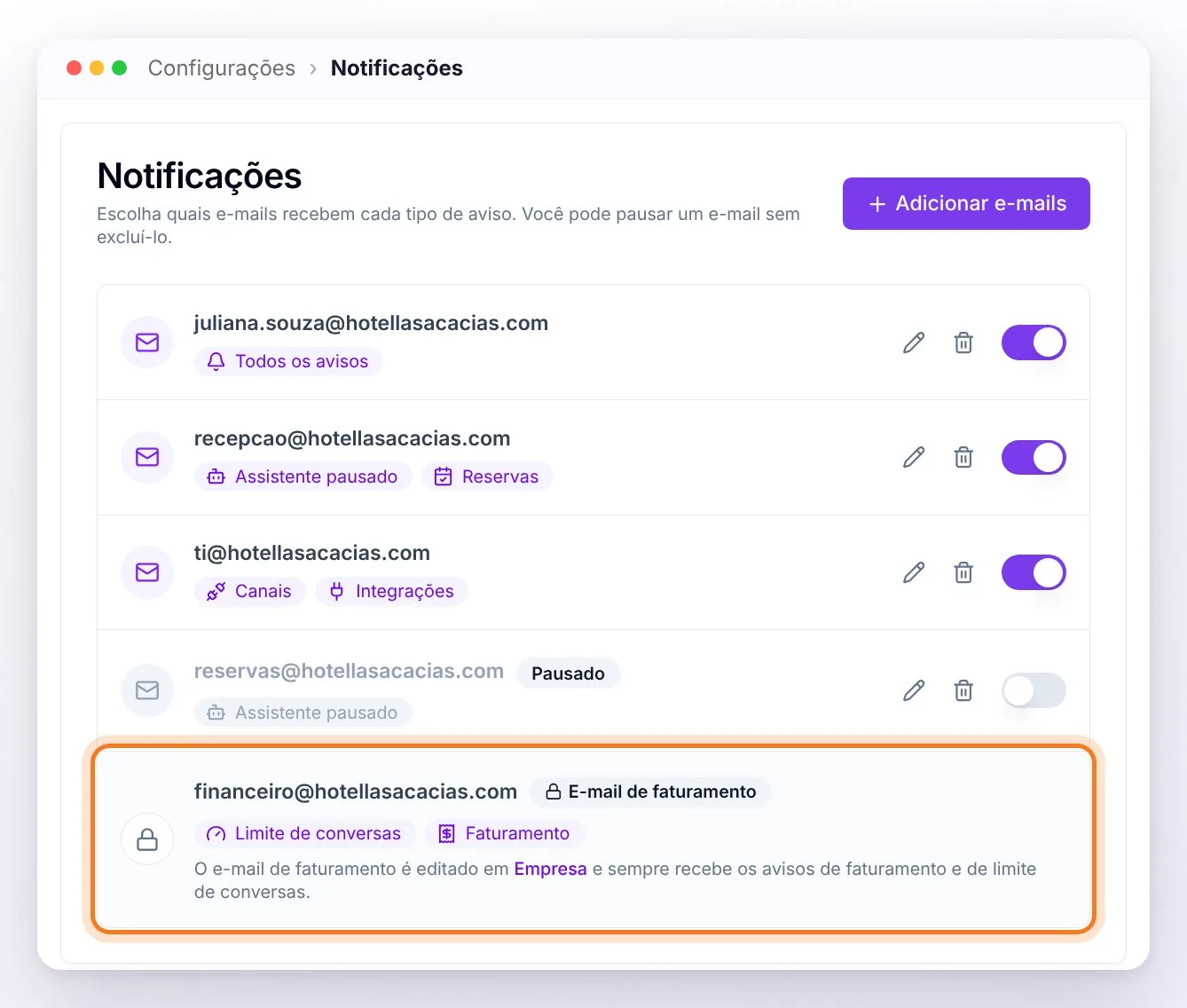 O cartão Notificações com os e-mails da equipe e, no final, a linha com cadeado do e-mail de faturamento destacada, com as etiquetas Limite de conversas e Faturamento