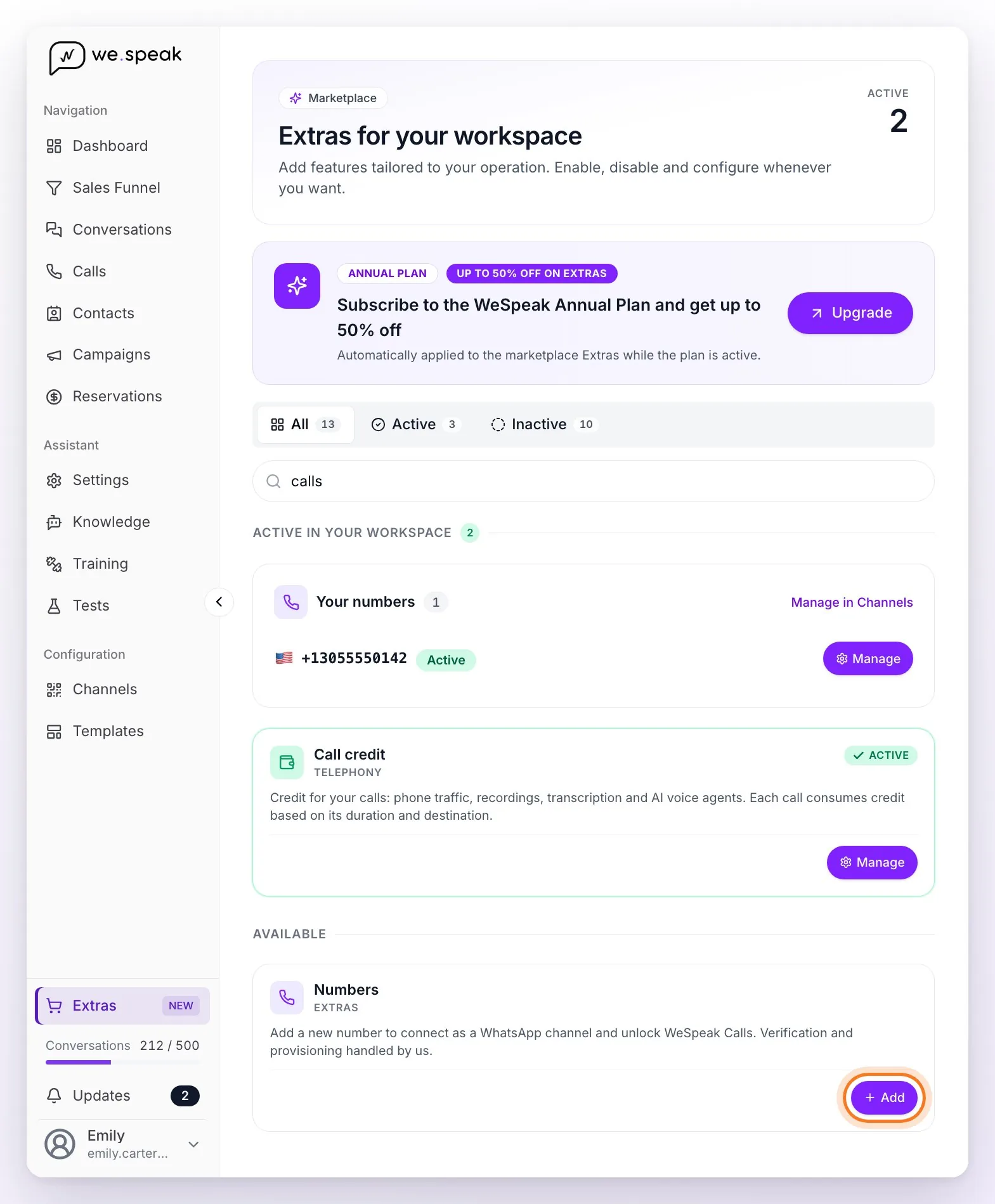 The Extras page with the telephony cards: Your numbers with an active number, Call credit and, under Available, the Numbers card with its Add button highlighted