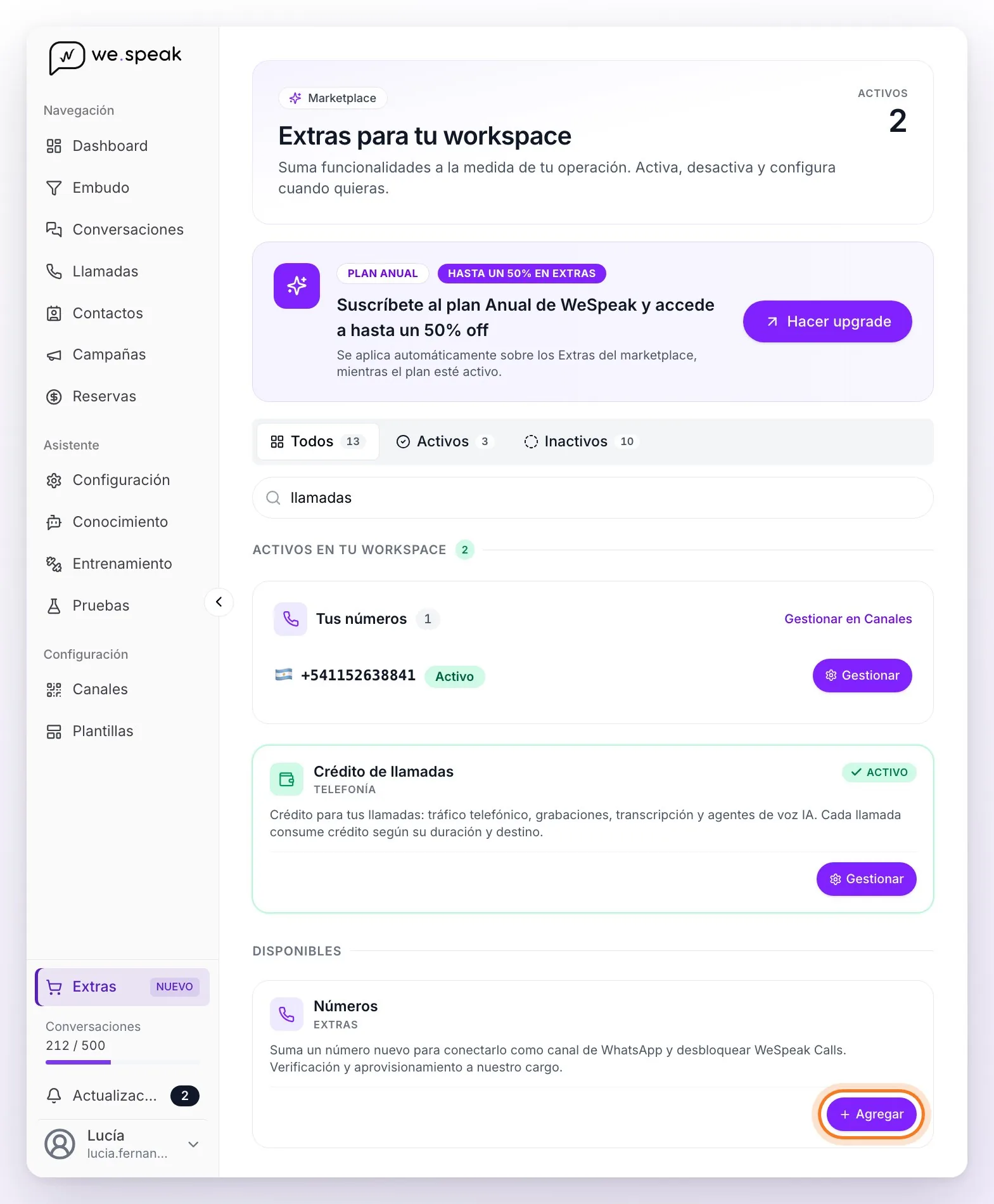 La página Extras con las tarjetas de telefonía: Tus números con un número activo, Crédito de llamadas y, en Disponibles, la tarjeta Números con su botón Agregar señalado
