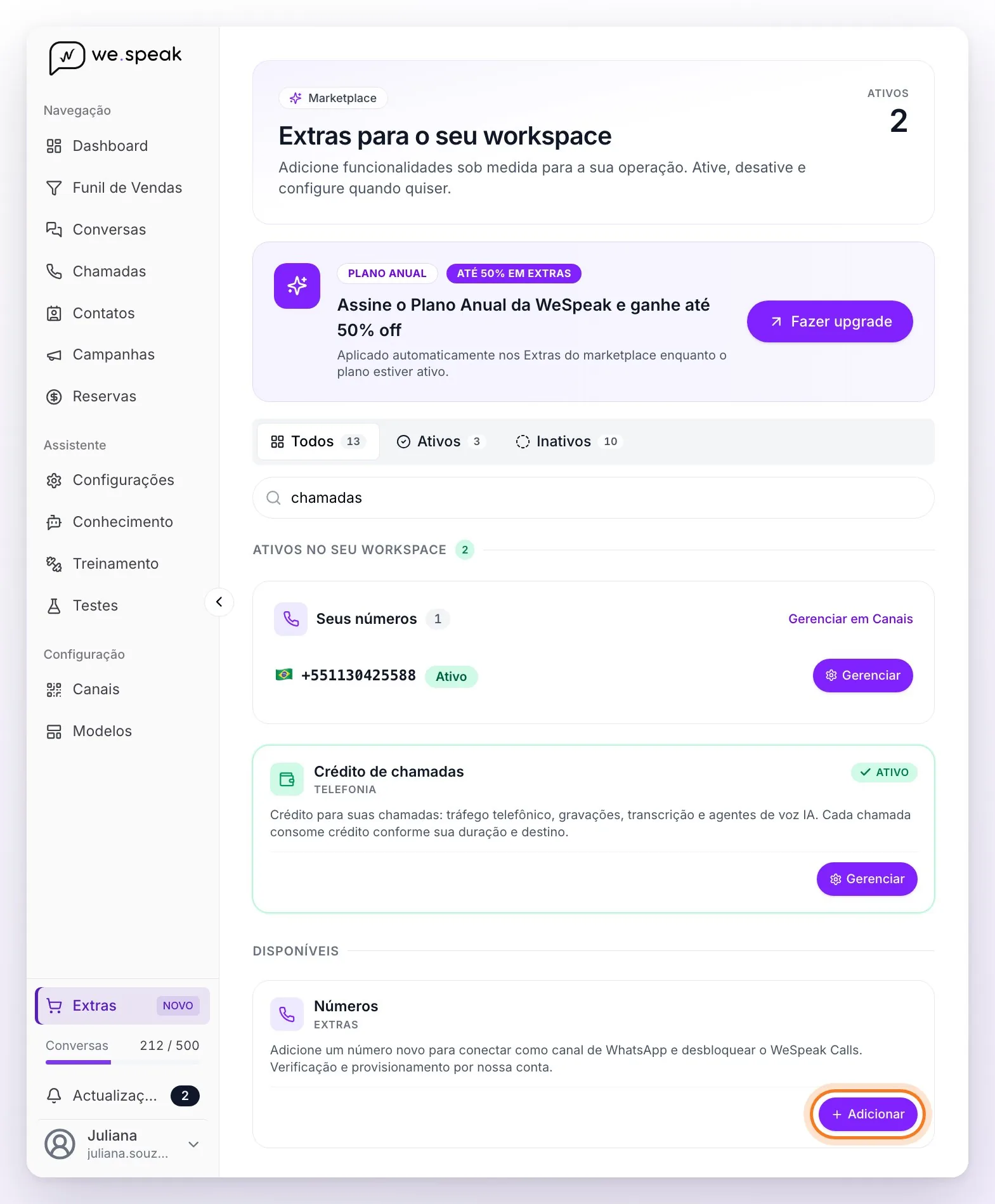 A página Extras com os cartões de telefonia: Seus números com um número ativo, Crédito de chamadas e, em Disponíveis, o cartão Números com o botão Adicionar destacado