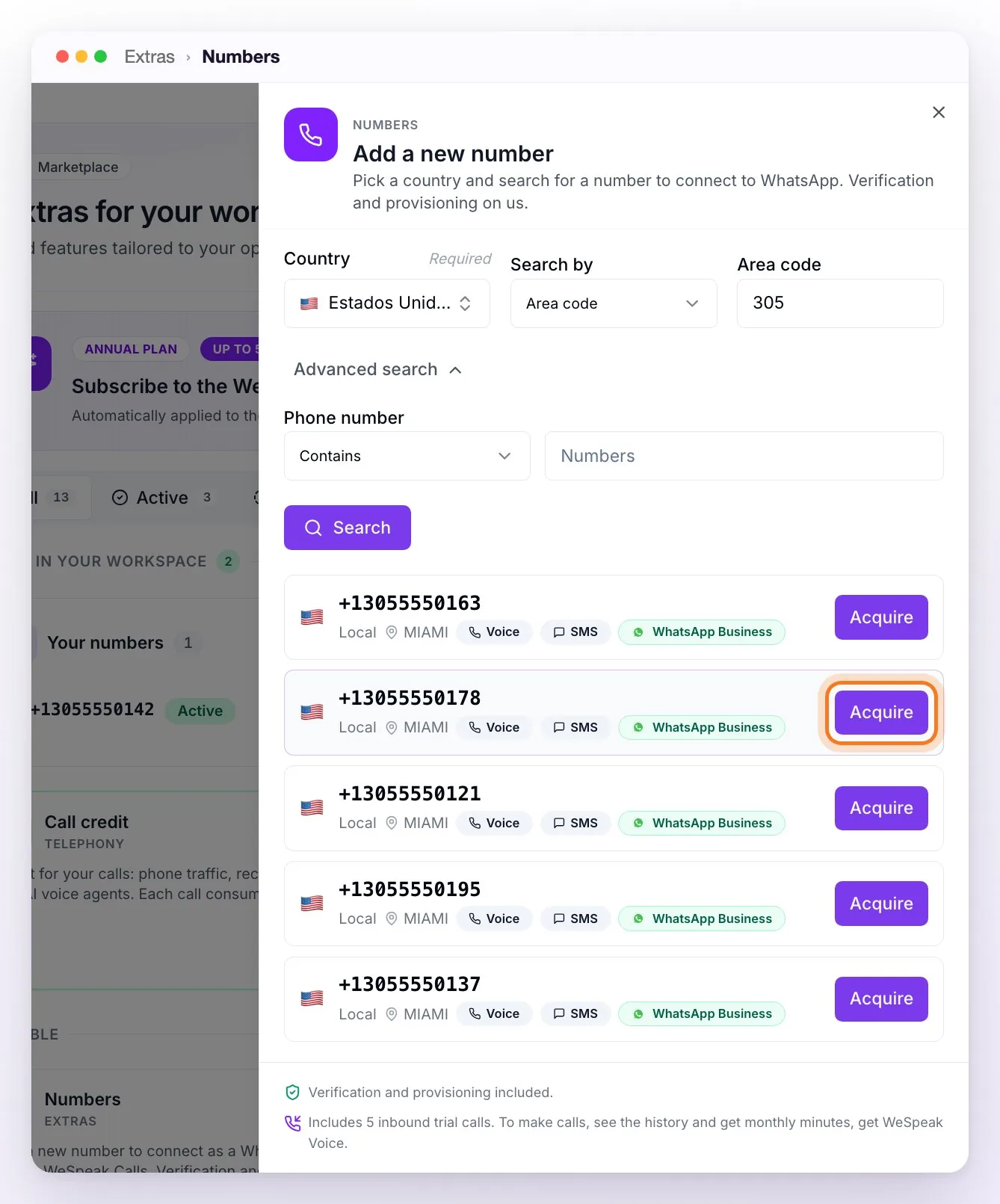 The Add a new number search: country United States, search by area code 305 and the list of Miami numbers with their capabilities, with the Acquire button highlighted on one of them