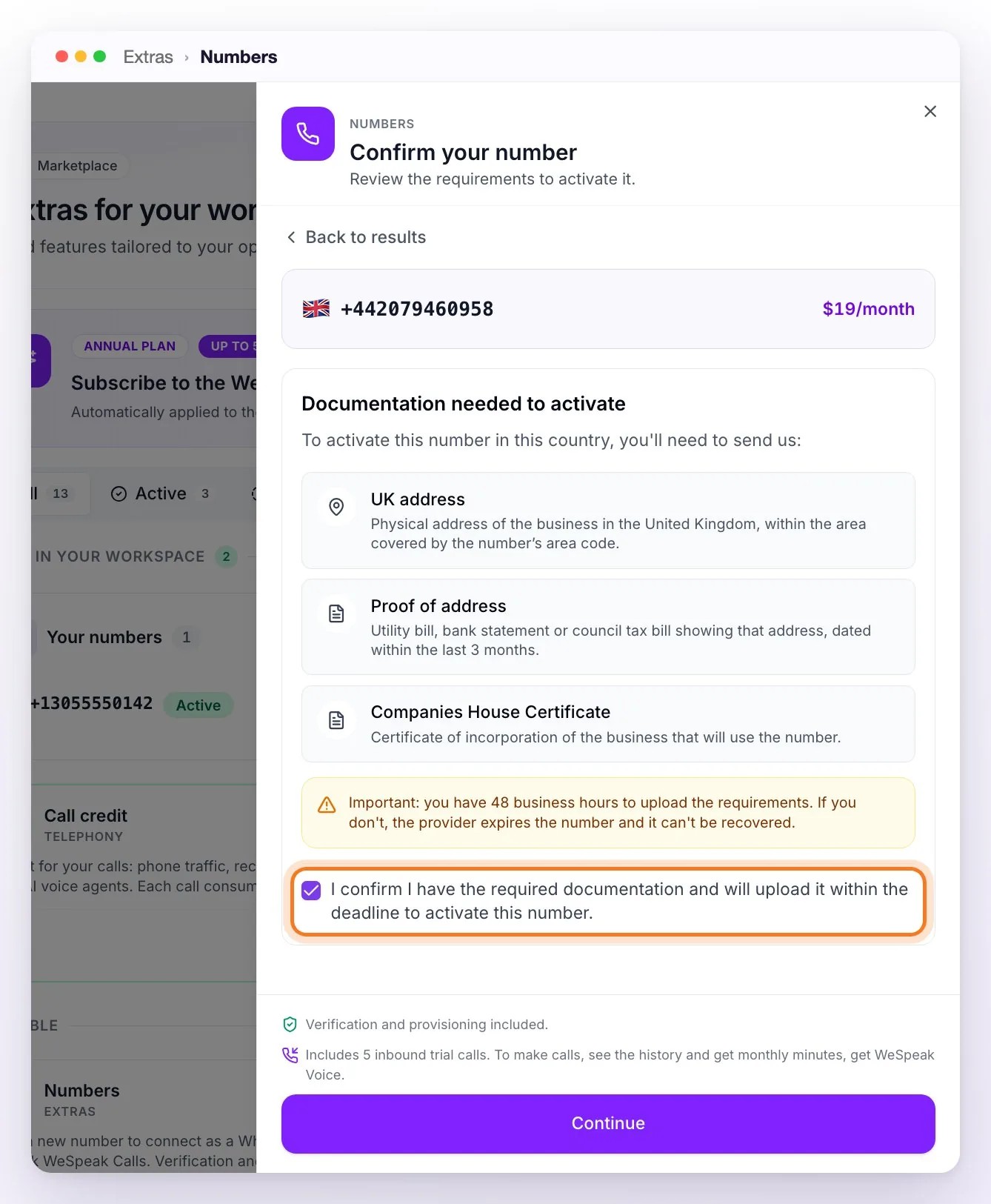 The Confirm your number screen for a UK number: its monthly price, the documentation the United Kingdom requires (UK address, proof of address and Companies House certificate), the 48-business-hour notice and the confirmation box checked
