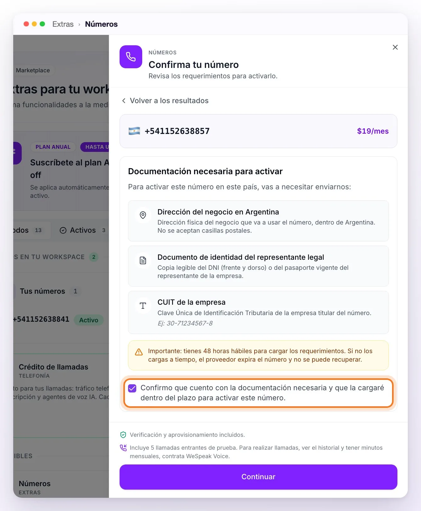 La pantalla Confirma tu número: el número elegido con su precio mensual, la documentación que pide Argentina (dirección del negocio, documento de identidad del representante legal y CUIT), el aviso de las 48 horas hábiles y la casilla de confirmación marcada