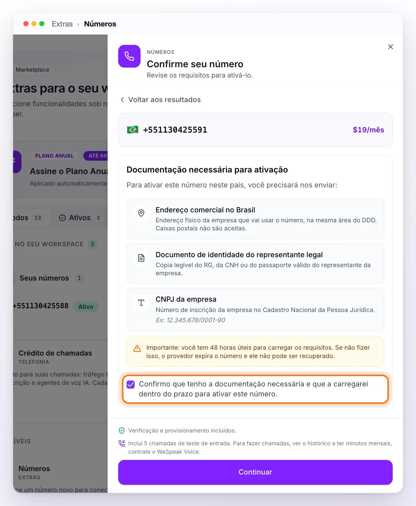 A tela Confirme seu número: o número escolhido com seu preço mensal, a documentação que o Brasil pede (endereço comercial, documento de identidade do representante legal e CNPJ), o aviso das 48 horas úteis e a caixa de confirmação marcada
