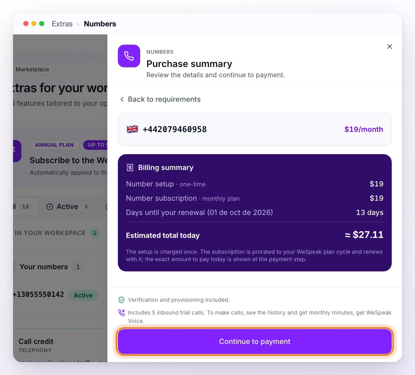 The Purchase summary: number setup, number subscription, days until renewal and the estimated total today, with the Continue to payment button