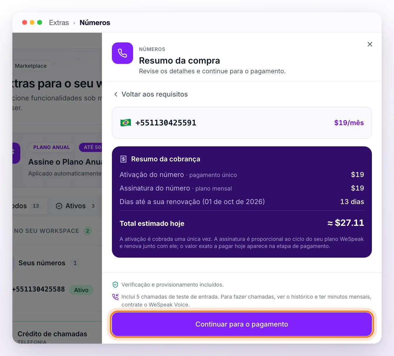 O Resumo da compra: ativação do número, assinatura do número, dias até a renovação e o total estimado hoje, com o botão Continuar para o pagamento