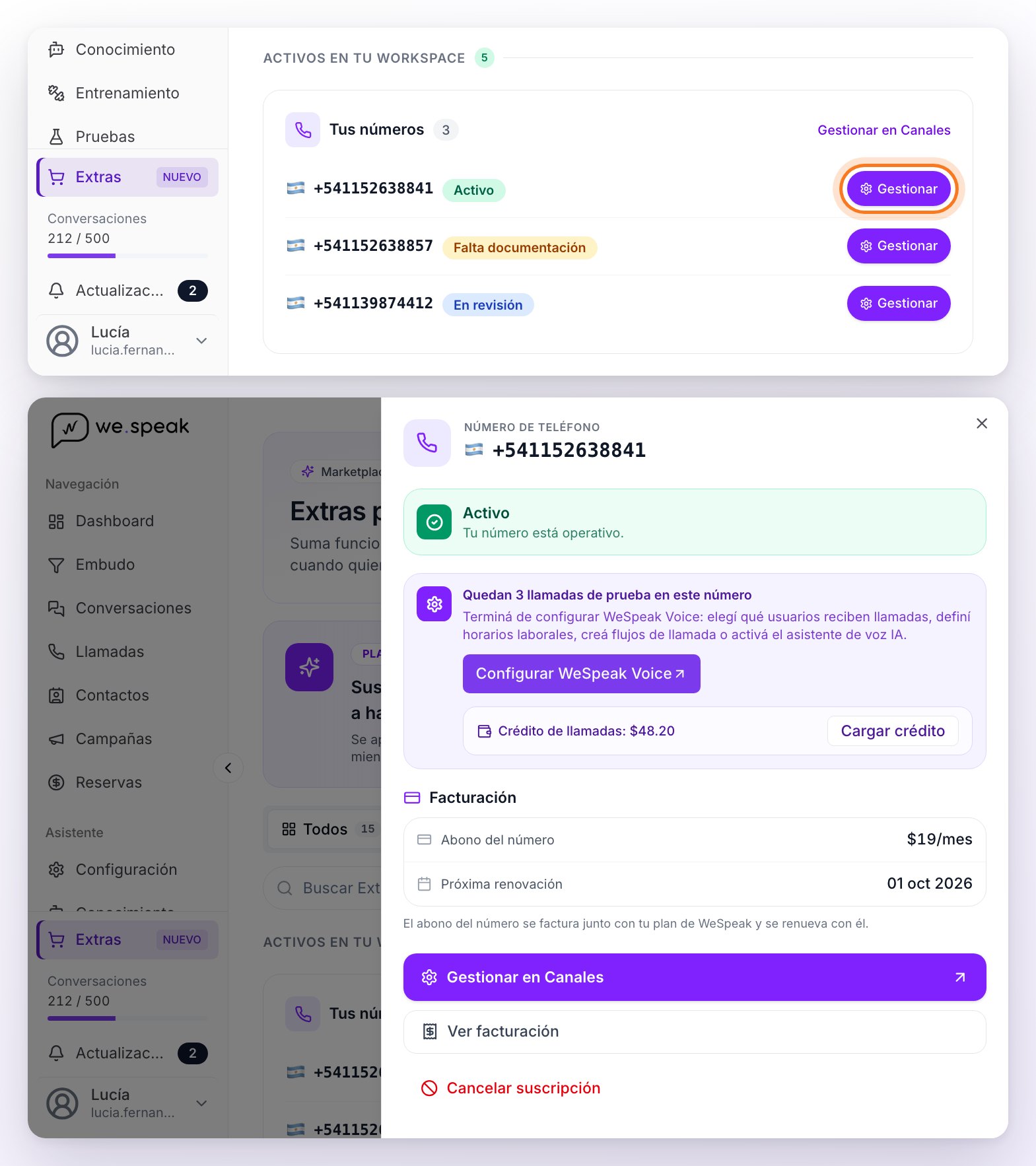 La tarjeta Tus números de Extras con tres números (Activo, Falta documentación y En revisión) y, debajo, el panel Gestionar del número activo: su estado, las llamadas de prueba y el crédito, el abono y la próxima renovación, y los botones Gestionar en Canales, Ver facturación y Cancelar suscripción