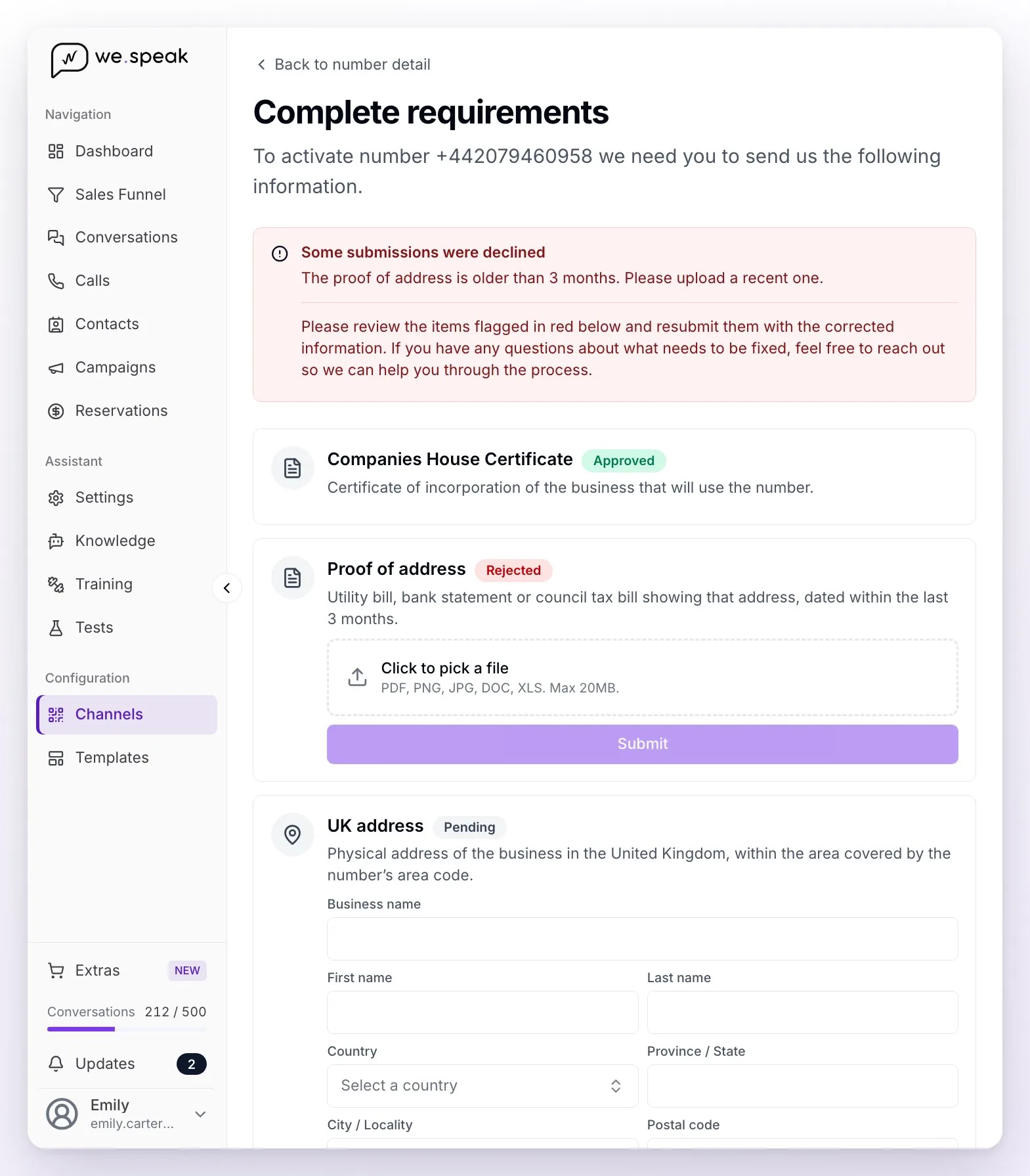 The Complete requirements screen of a UK number: the Some submissions were declined notice with the reason, an approved item, a rejected one with the field to upload the file and the Submit button, and the pending business address with its form