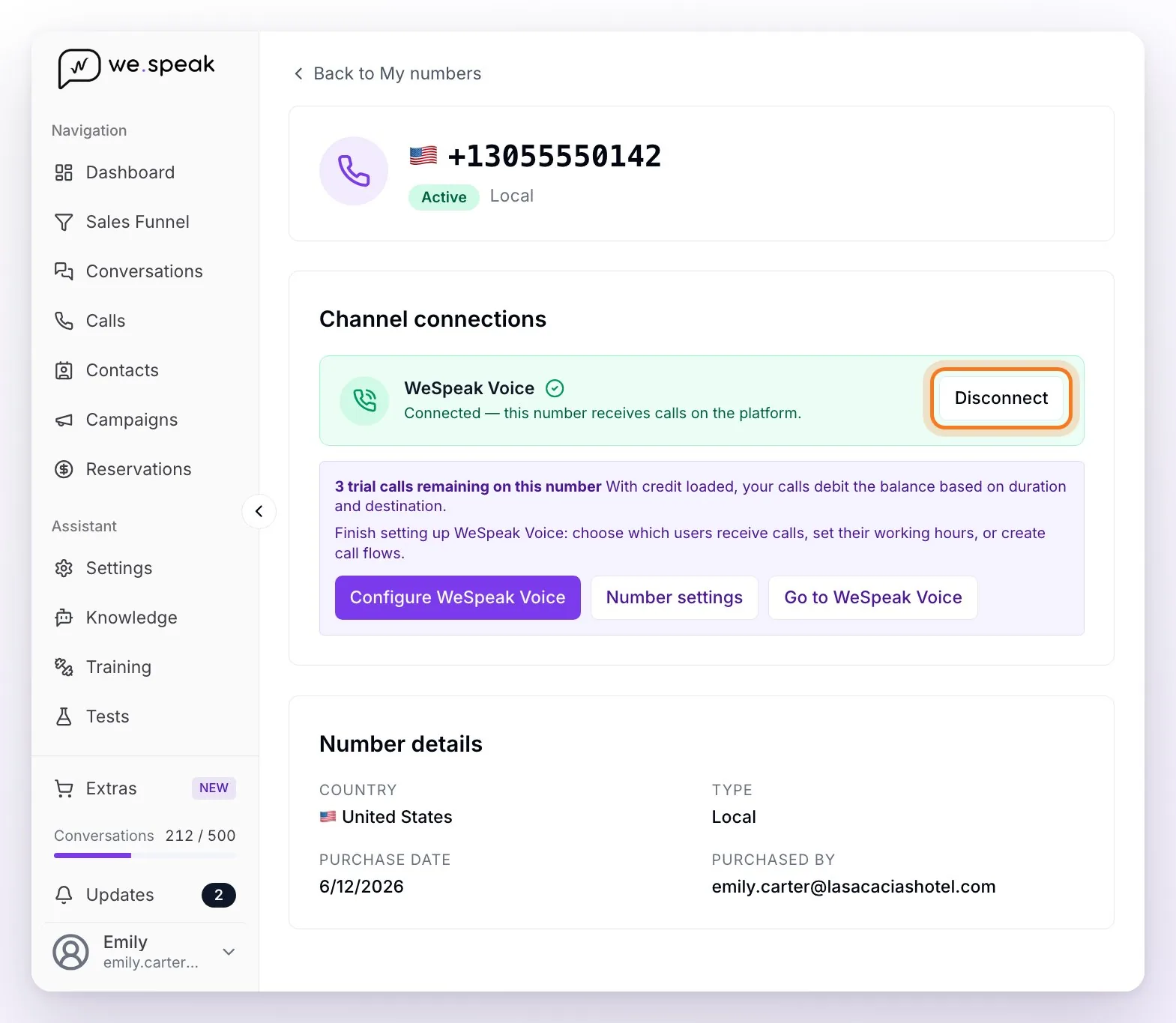 A number's detail in Channels: the Active status, the Channel connections block with WeSpeak Voice connected and the Disconnect button highlighted, the test calls with shortcuts to the settings and the number's details