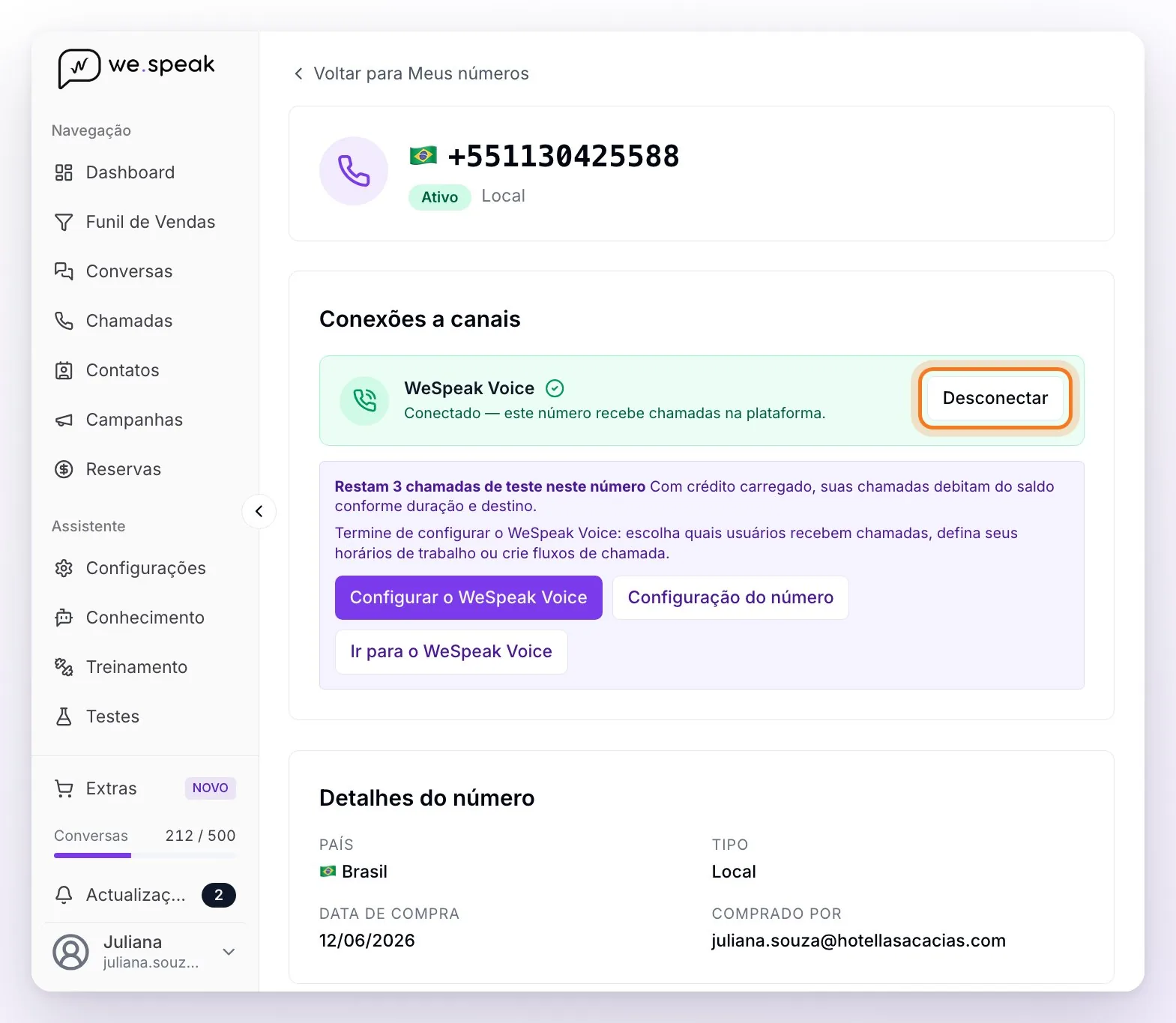 O detalhe de um número em Canais: o status Ativo, o bloco Conexões a canais com o WeSpeak Voice conectado e o botão Desconectar destacado, as chamadas de teste com os atalhos para a configuração e os detalhes do número