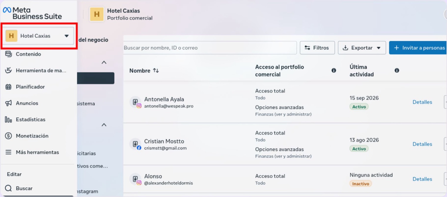 El selector de portfolio comercial, arriba a la izquierda de la Configuración de Meta Business Suite