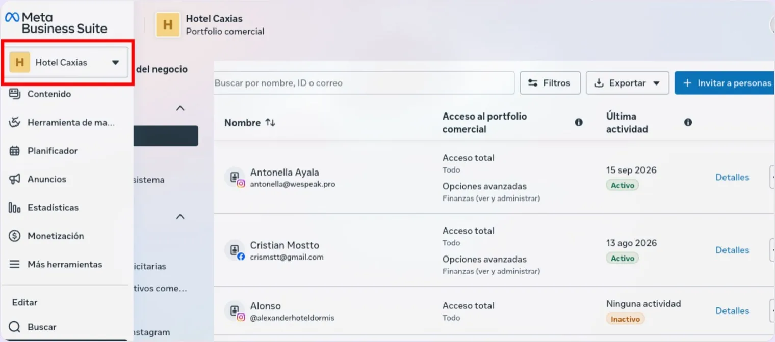 The business portfolio selector, at the top left of the Meta Business Suite settings