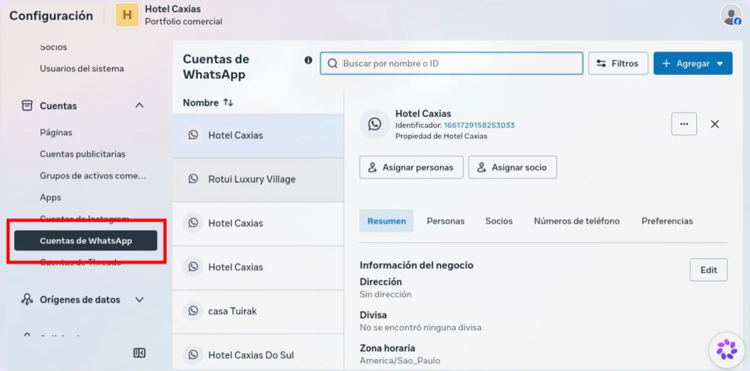 The Settings side menu with the Accounts section expanded and the WhatsApp accounts option highlighted