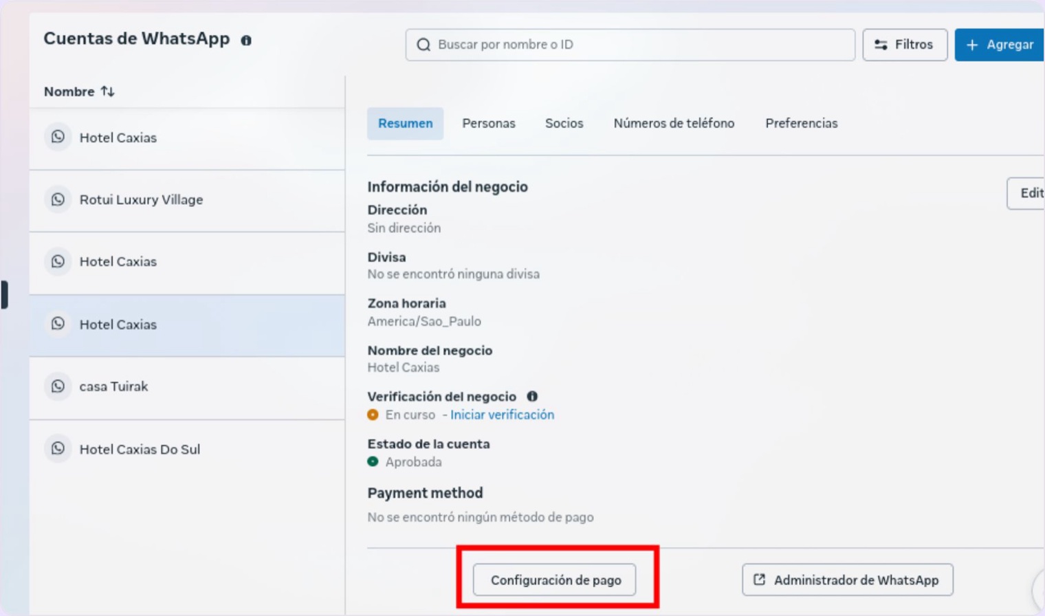 El pie del resumen de la cuenta de WhatsApp: el estado del método de pago y el botón Configuración de pago resaltado
