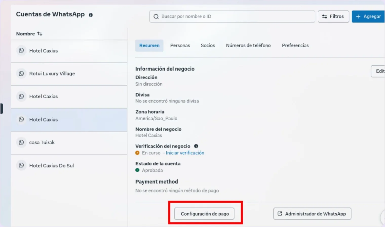 The bottom of the WhatsApp account overview: the payment method status and the Payment settings button highlighted