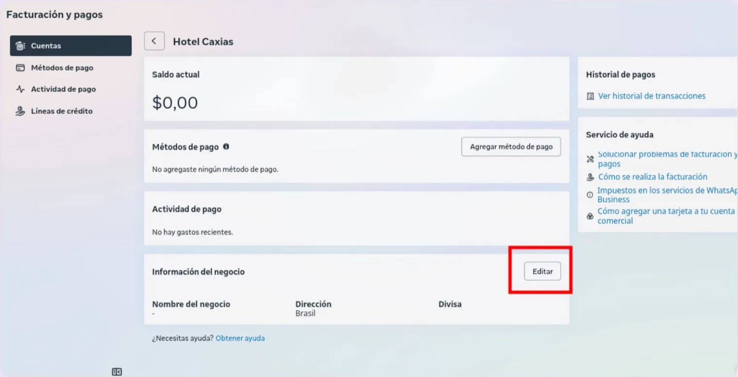 The account's Billing & payments section: current balance, payment methods, payment activity and the Business info block with the Edit button highlighted