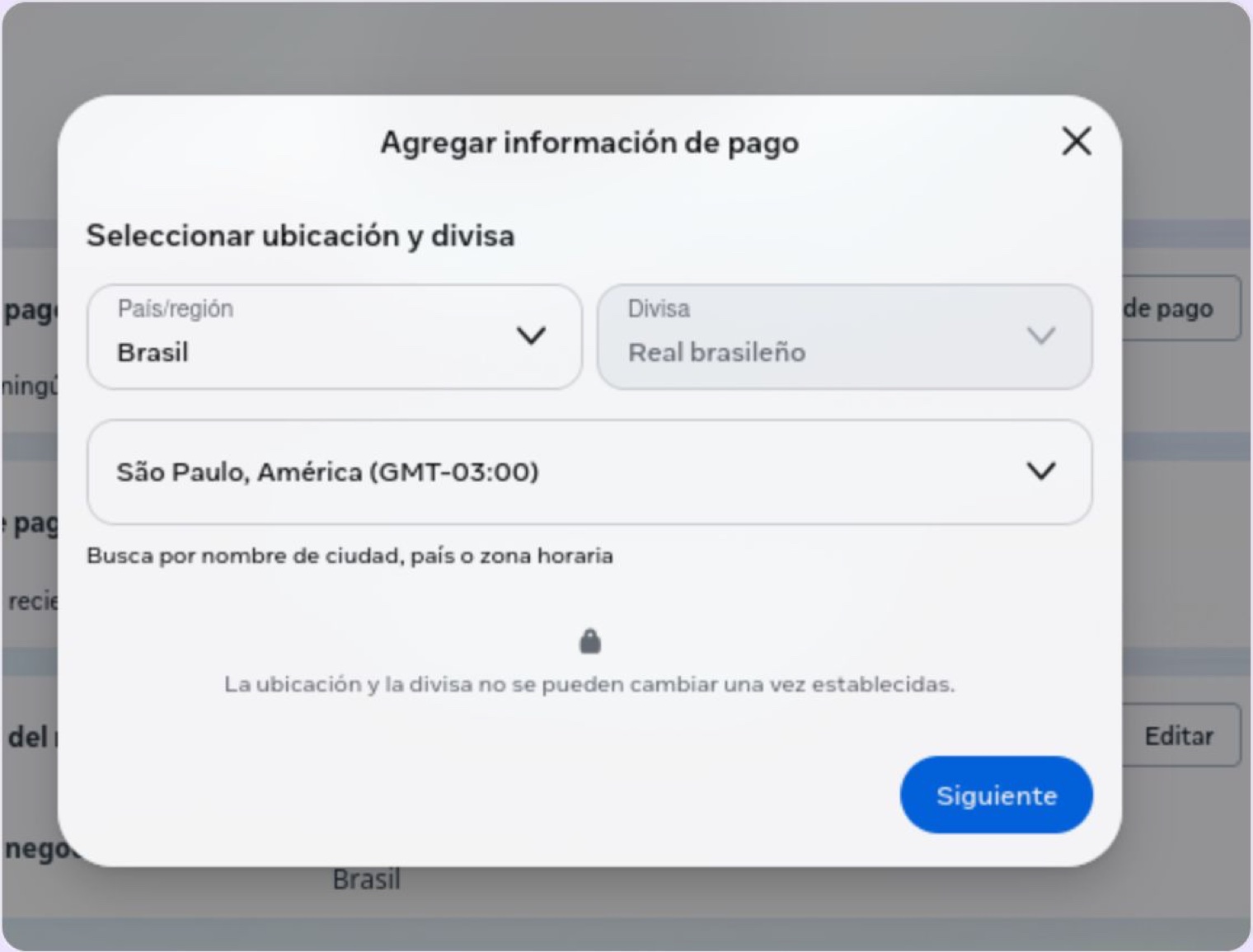 El cuadro Agregar información de pago: país o región, divisa, zona horaria y el aviso de que no se pueden cambiar después