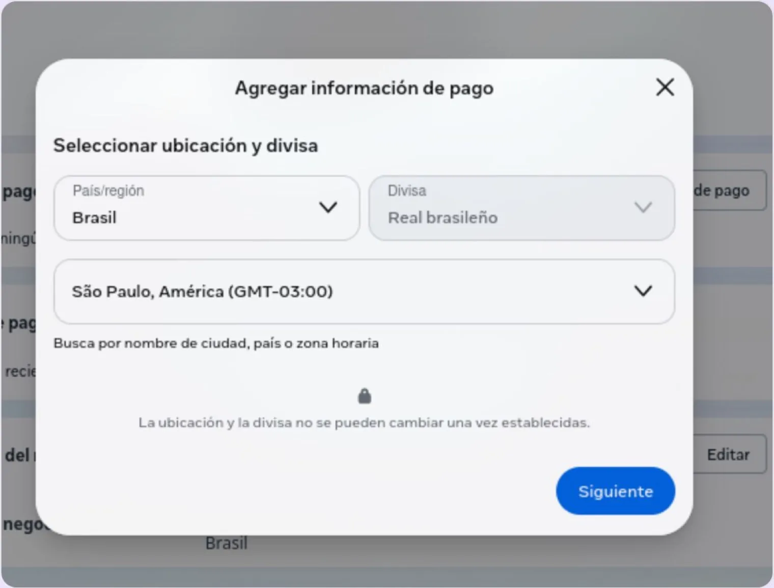 The Add payment info dialog: country or region, currency, time zone and the notice that they can't be changed later