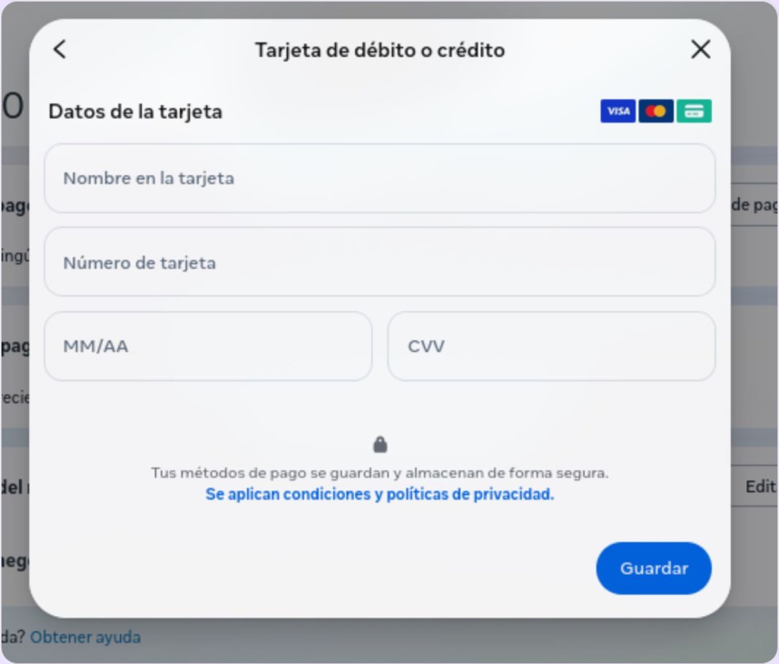 El cuadro Tarjeta de débito o crédito: nombre en la tarjeta, número, vencimiento y CVV