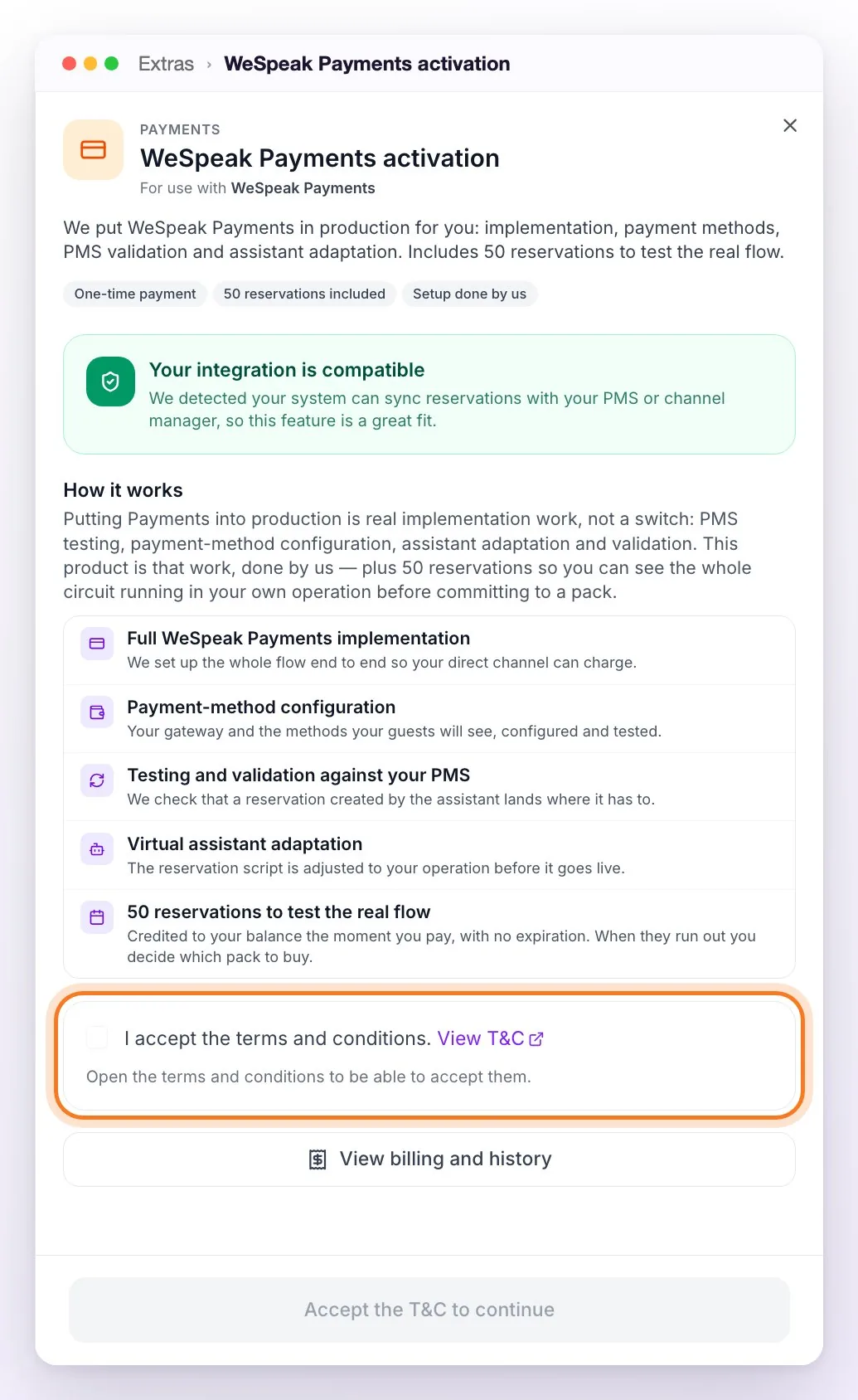 WeSpeak Payments activation side panel in Extras, with the compatible integration notice, the How it works points and the terms and conditions checkbox