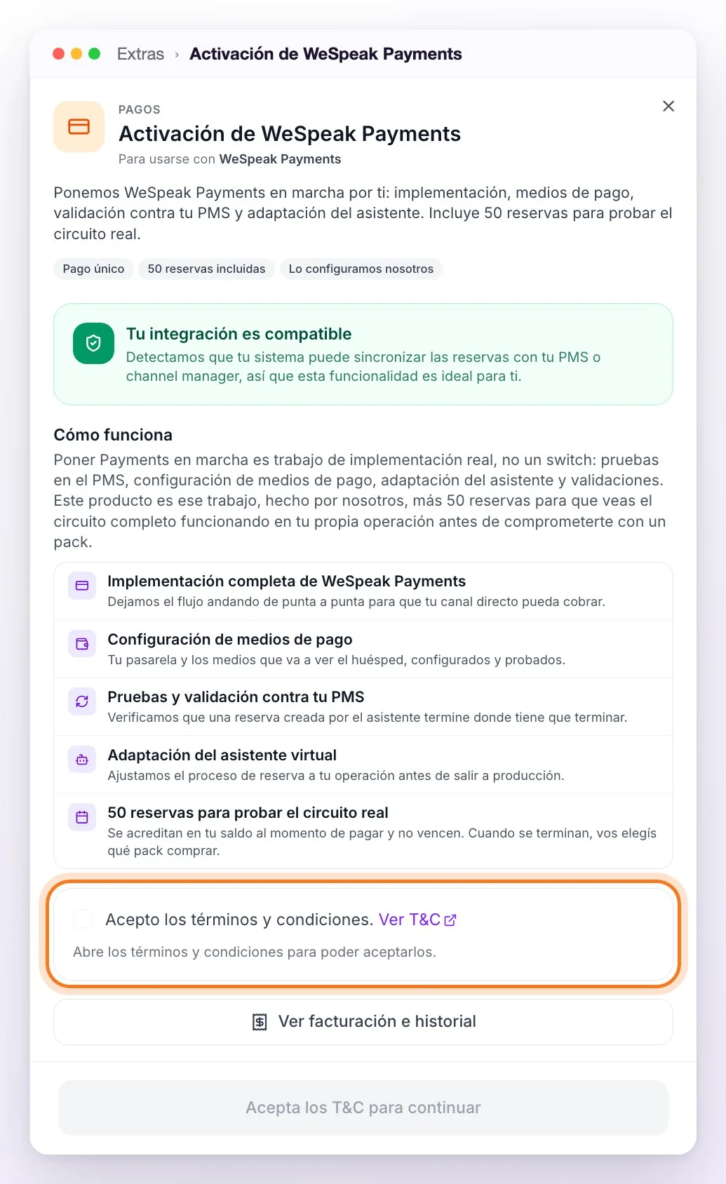 Panel lateral Activación de WeSpeak Payments en Extras, con la integración compatible, los puntos de Cómo funciona y la casilla de términos y condiciones