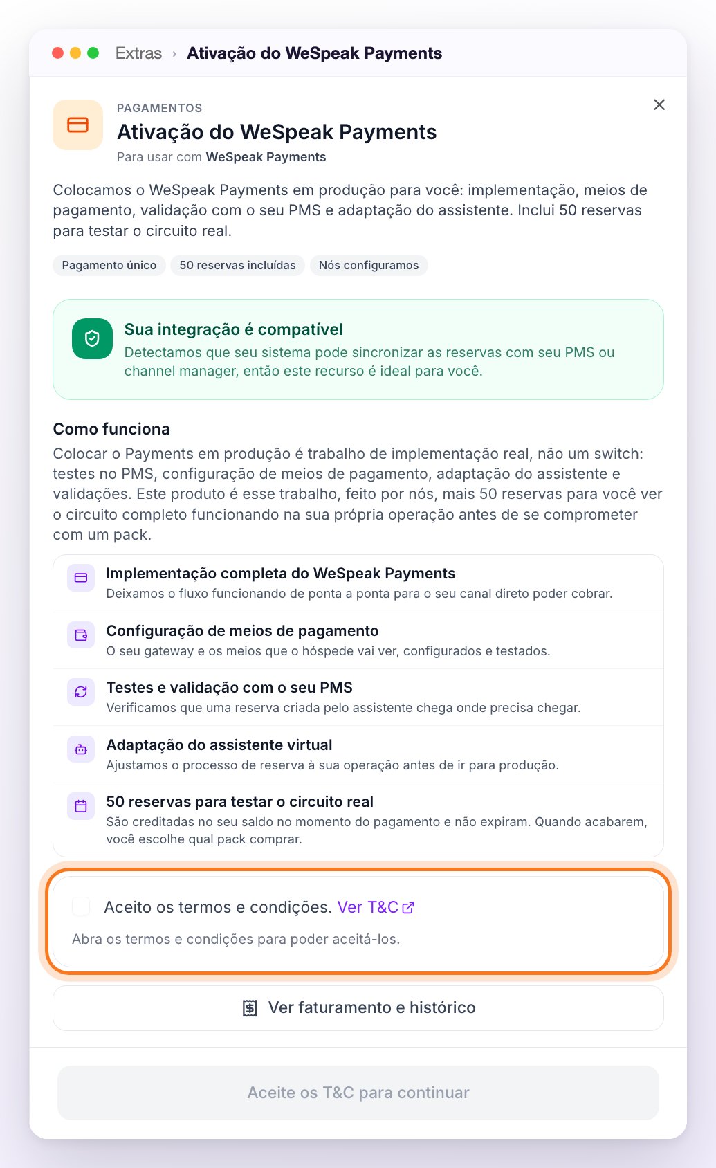 Painel lateral Ativação do WeSpeak Payments em Extras, com a integração compatível, os pontos de Como funciona e a caixa dos termos e condições