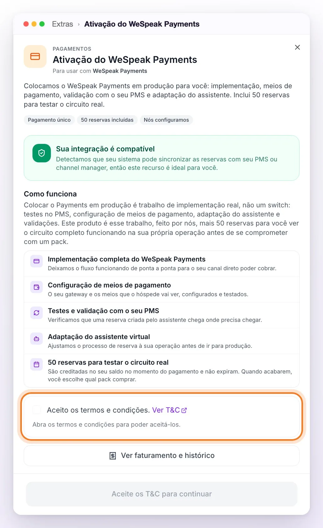 Painel lateral Ativação do WeSpeak Payments em Extras, com a integração compatível, os pontos de Como funciona e a caixa dos termos e condições