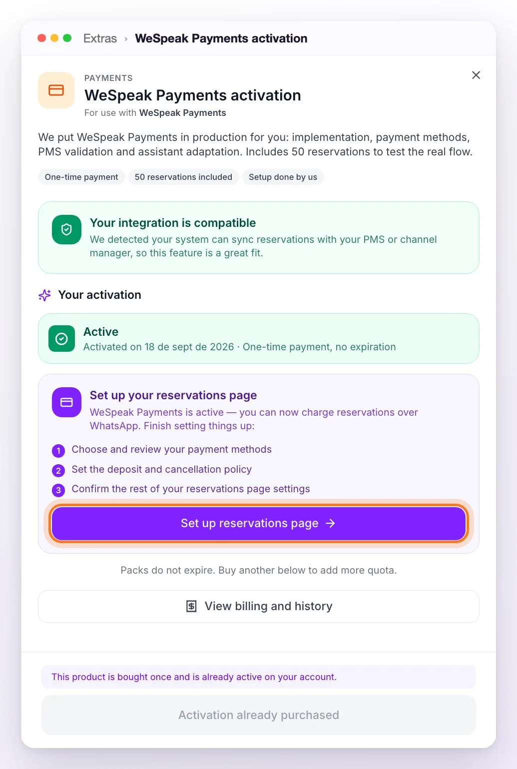 Your activation panel in Extras, with the activation active and the Set up your reservations page guide