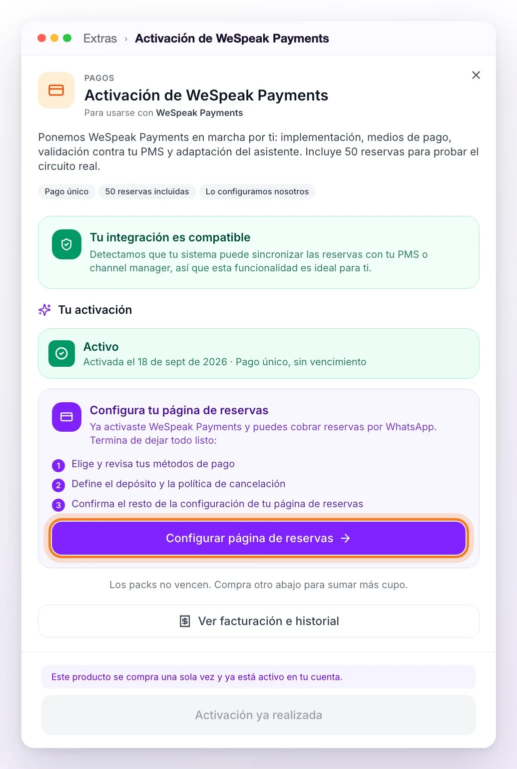 Panel Tu activación en Extras, con la activación activa y la guía Configura tu página de reservas