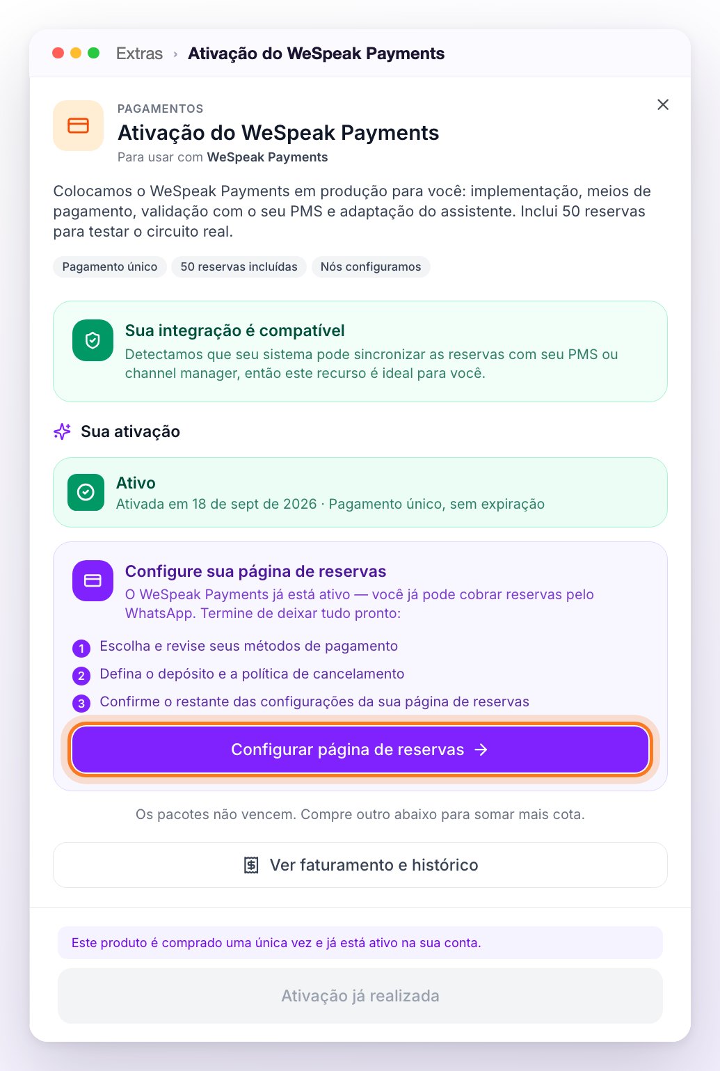 Painel Sua ativação em Extras, com a ativação ativa e o guia Configure sua página de reservas