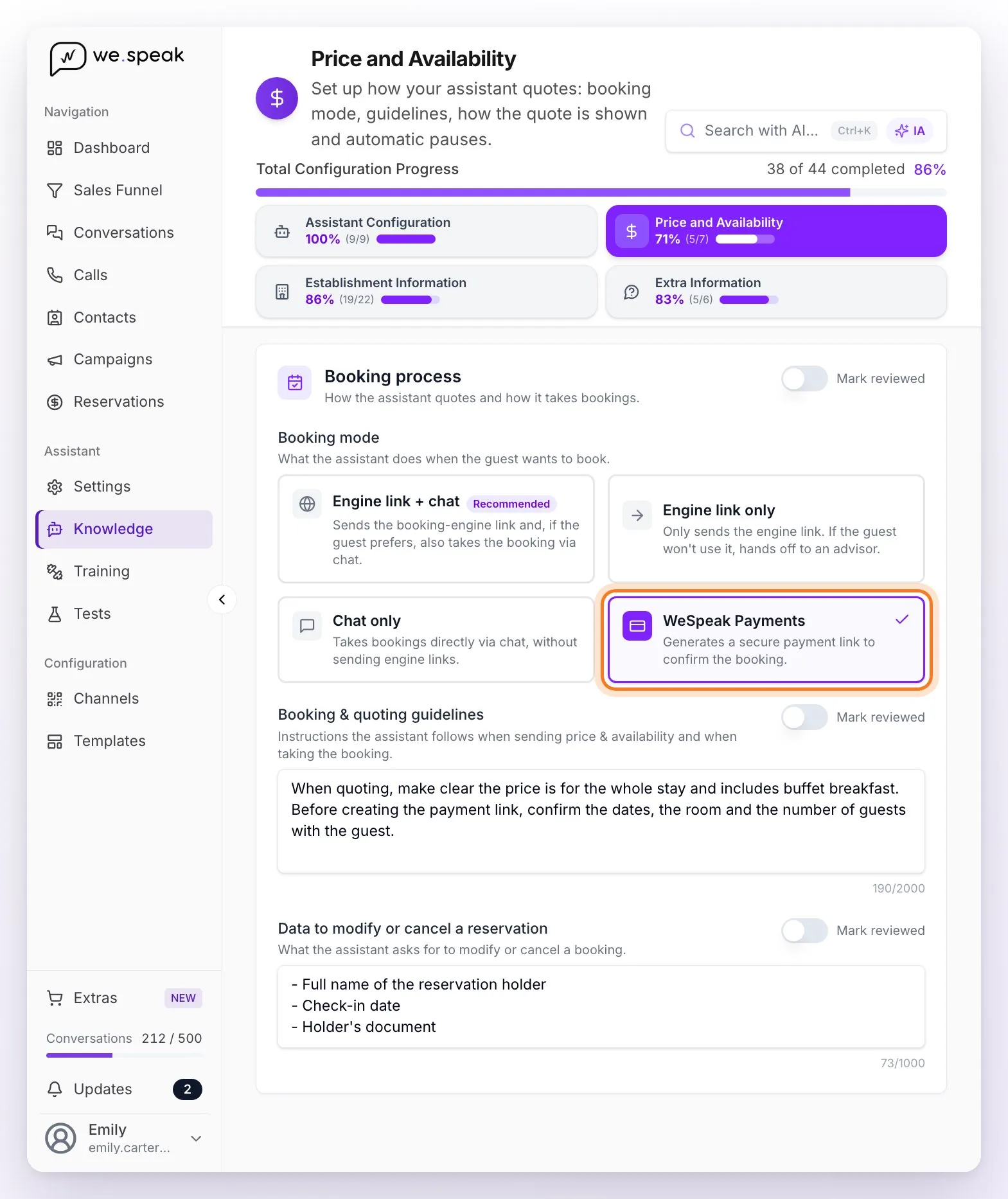 Knowledge, Price and Availability: Booking process section with the WeSpeak Payments booking mode selected